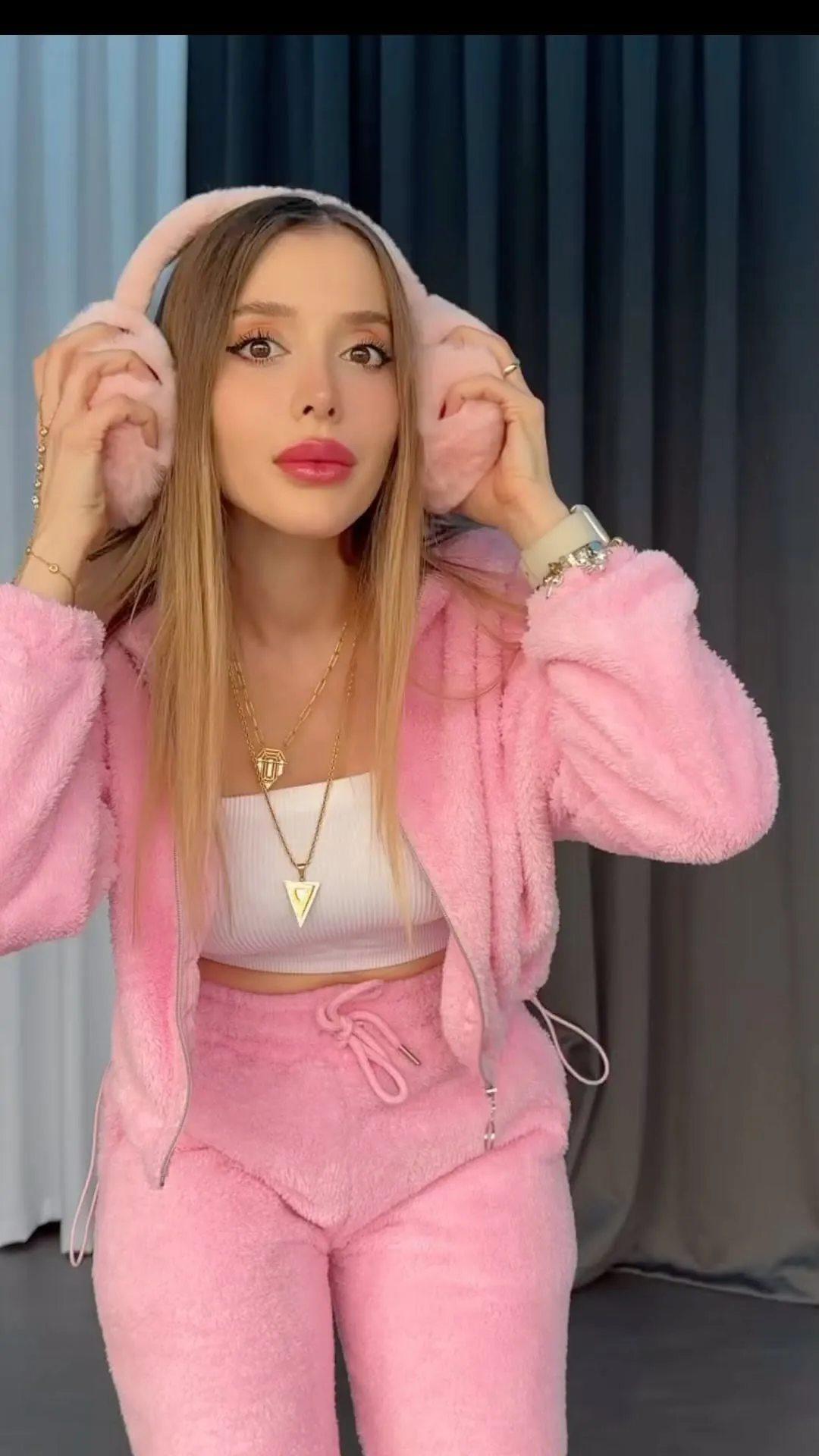 Pink Fuzzy Tracksuit Set with Earmuffs