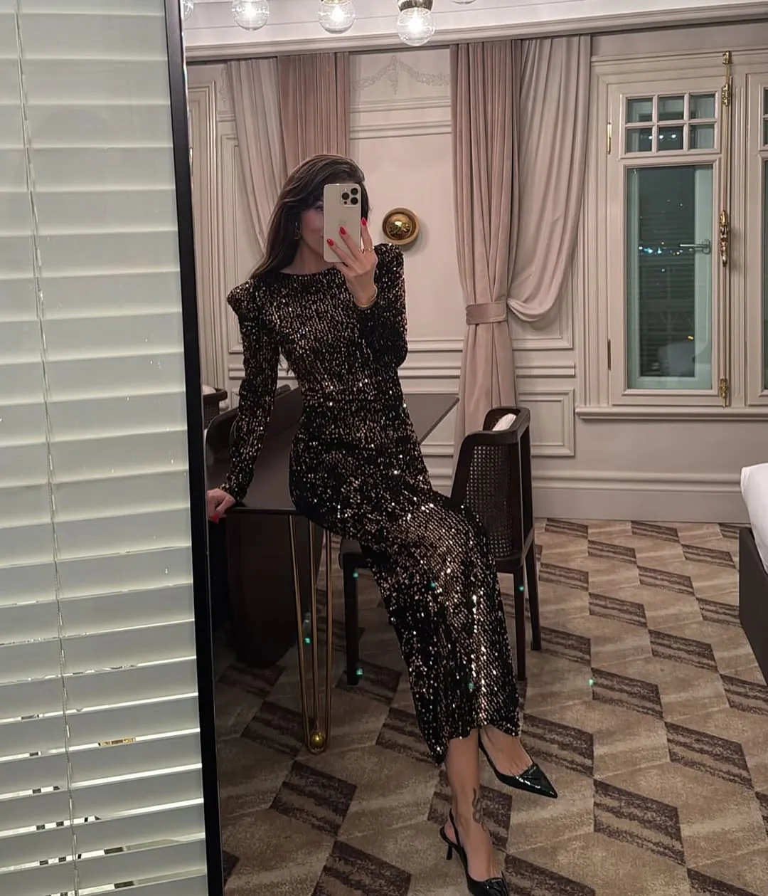 Black Sequined Long Sleeve Dress