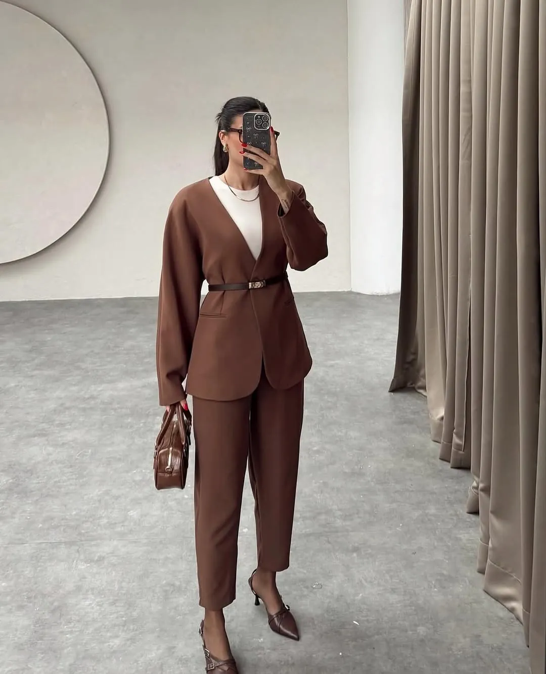 Brown Women's Blazer and Trousers Suit Set