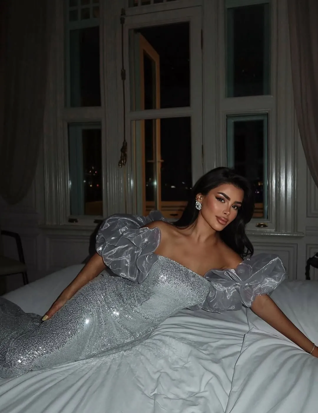 Silver Sequin Off-Shoulder Evening Gown