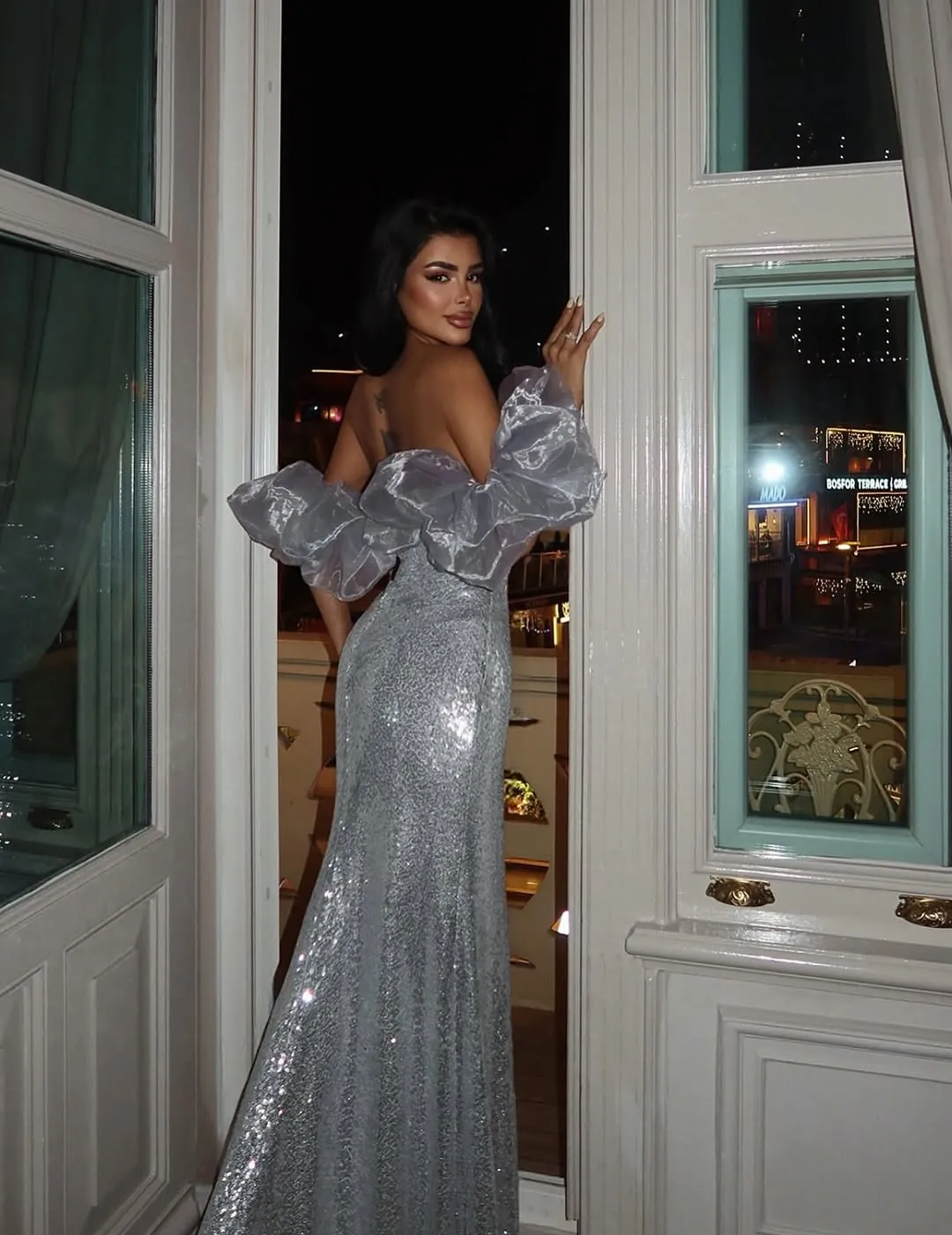 Silver Sequin Off-Shoulder Evening Gown