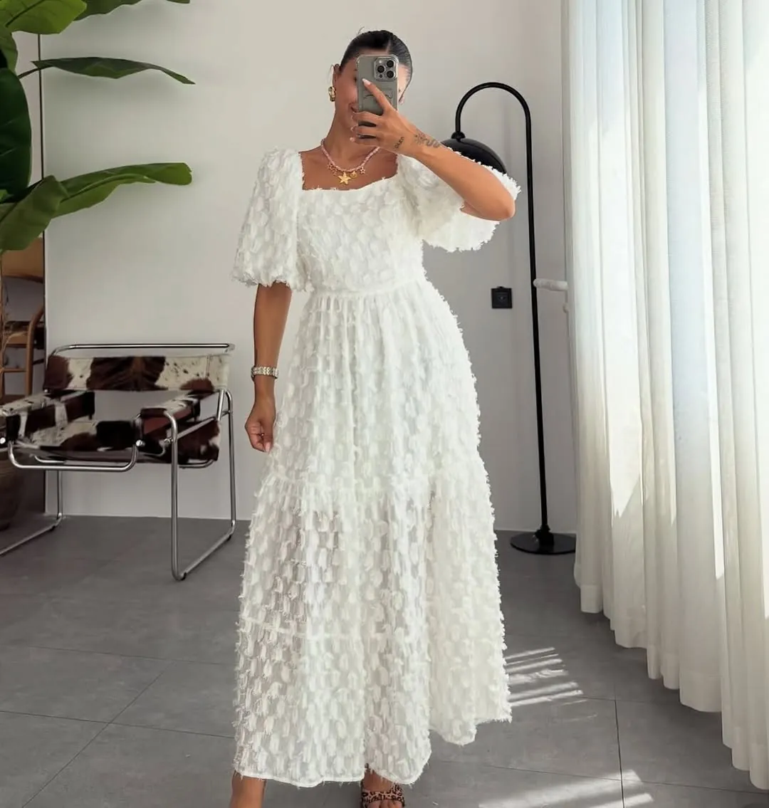 White Textured Maxi Dress with Puff Sleeves