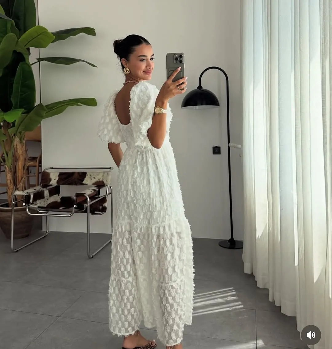 White Textured Maxi Dress with Puff Sleeves