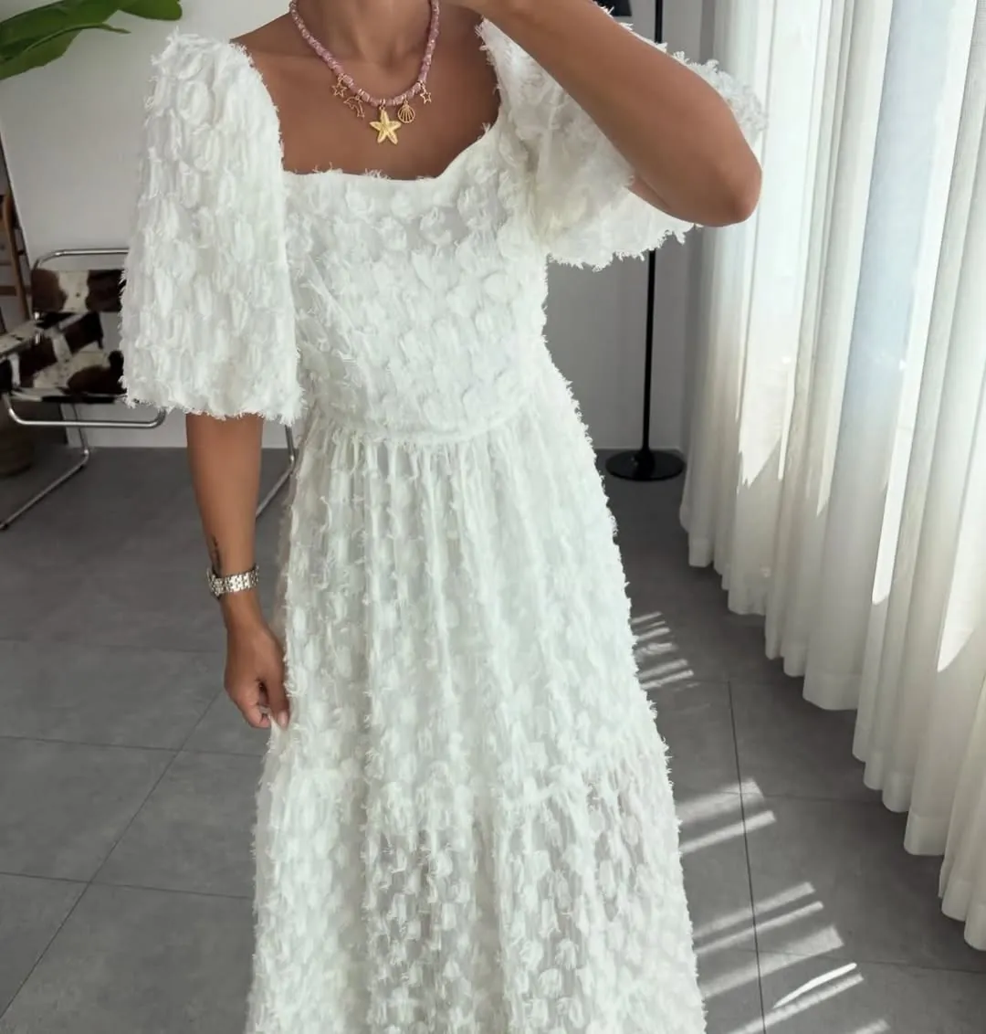White Textured Maxi Dress with Puff Sleeves