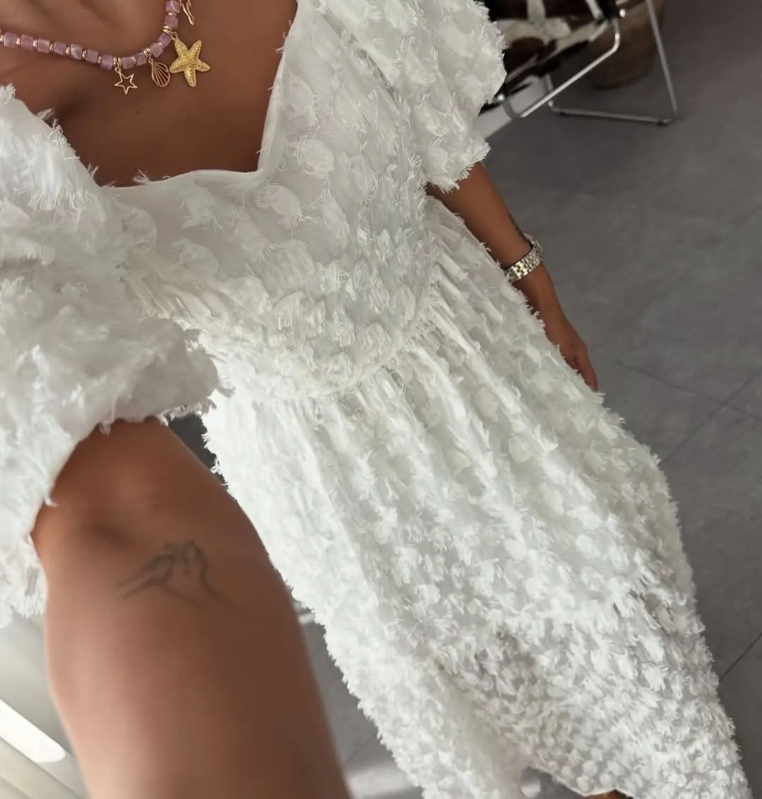 White Textured Maxi Dress with Puff Sleeves