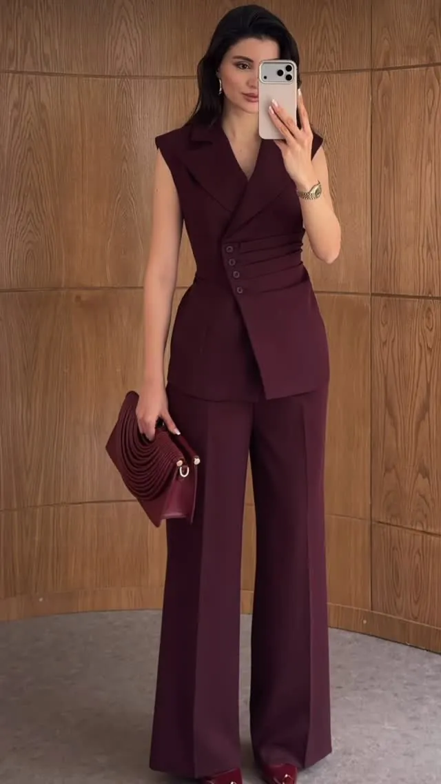Women's Burgundy Sleeveless Blazer and Wide-Leg Trousers Set
