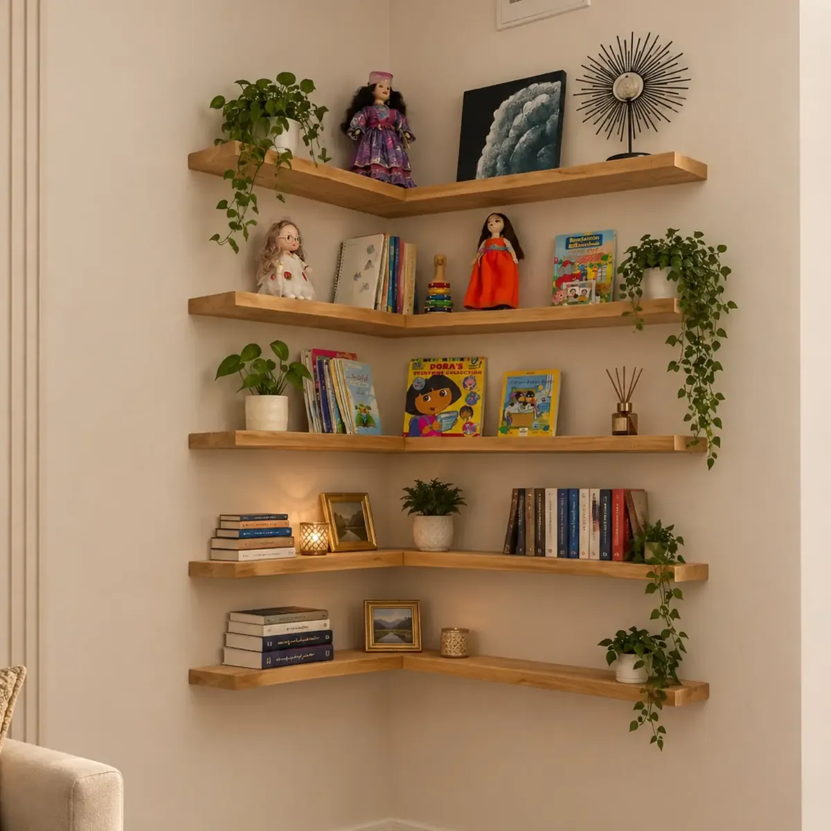 Natural Wood Corner Shelves