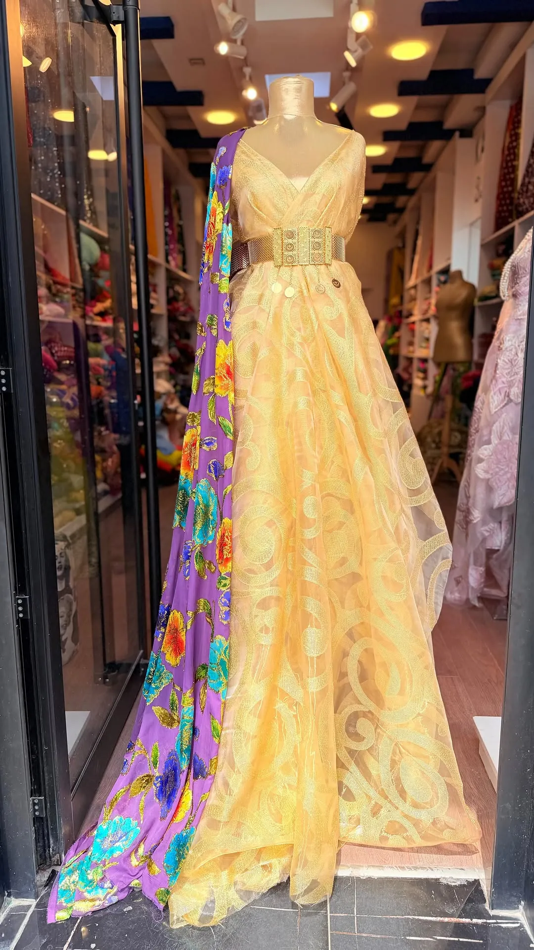 Yellow Gold Embroidered Long Dress with Purple Floral Shawl