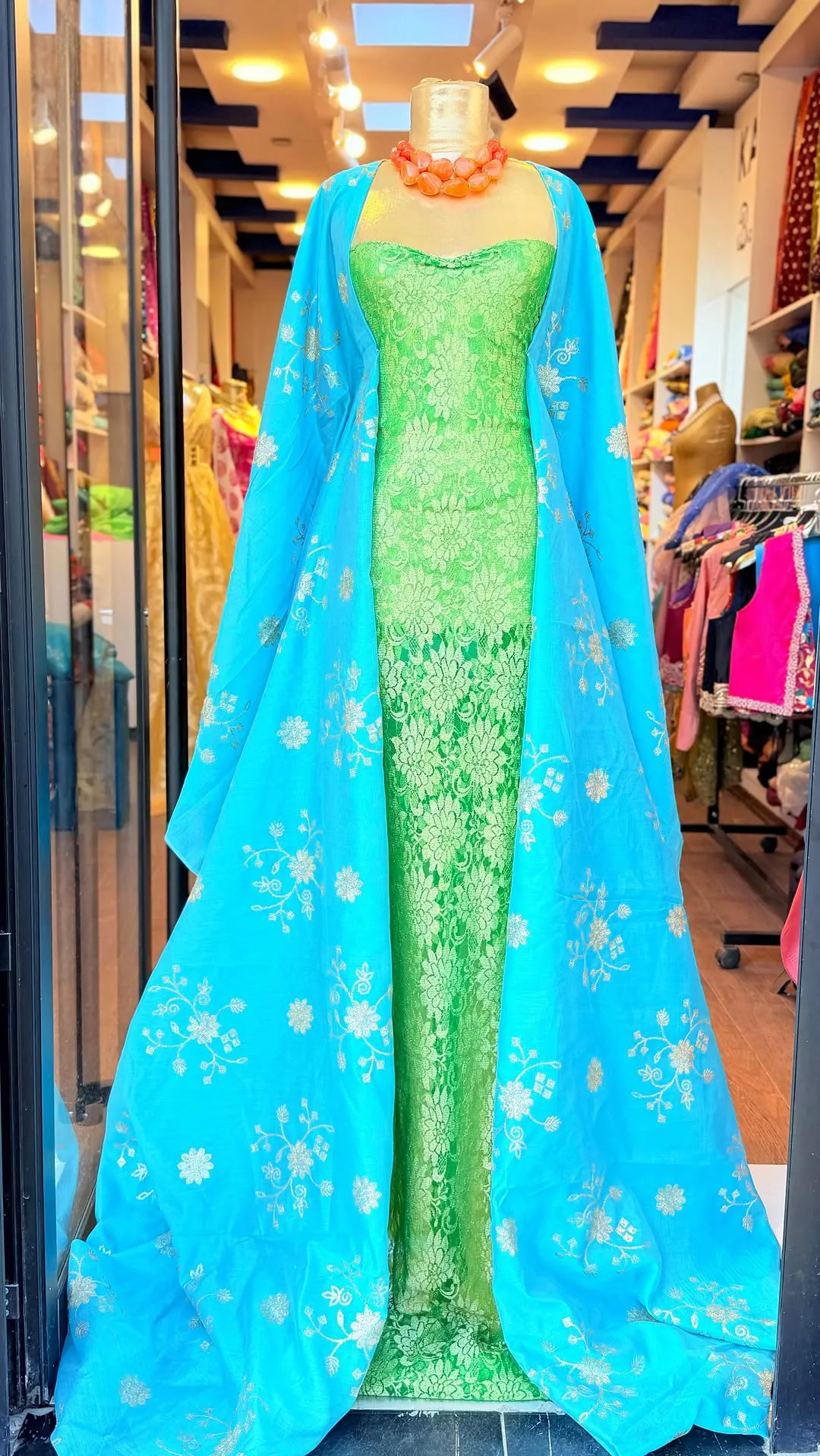 Green Lace Dress with Blue Embroidered Cape