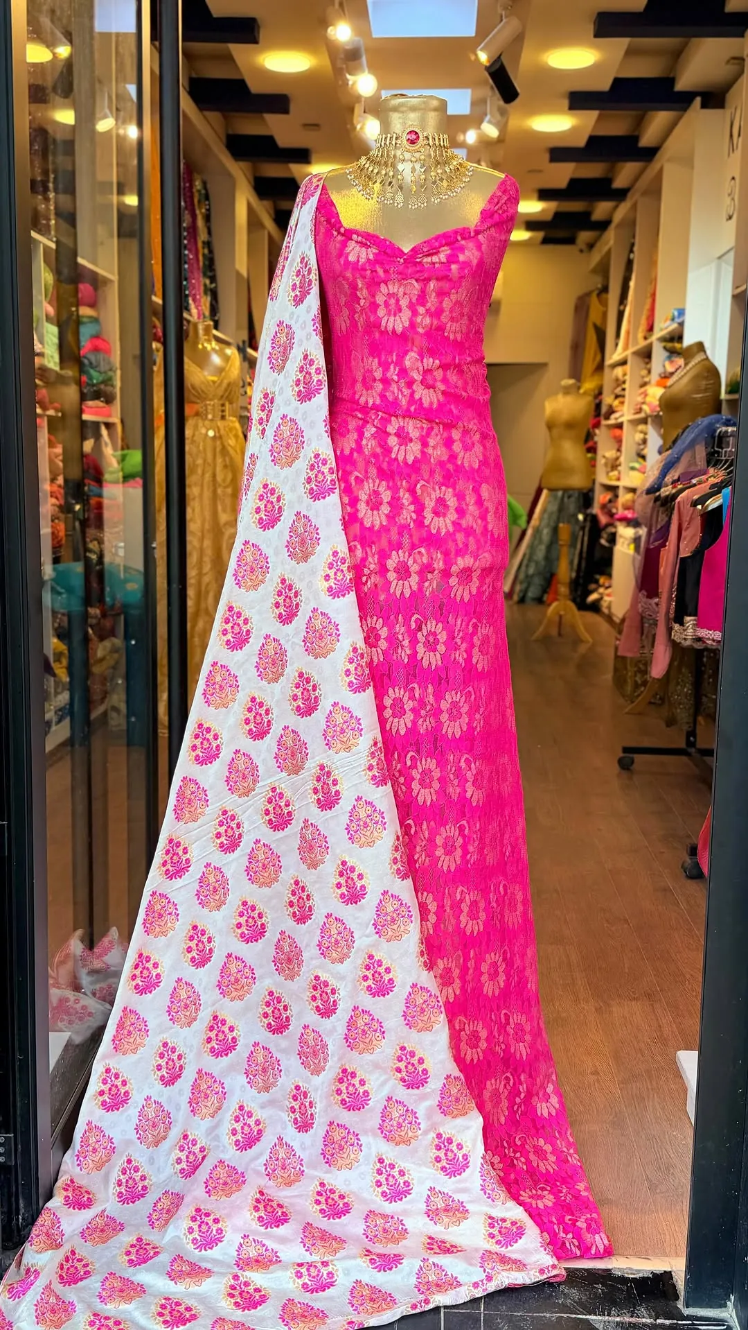 Pink Lace Gown with Printed Dupatta