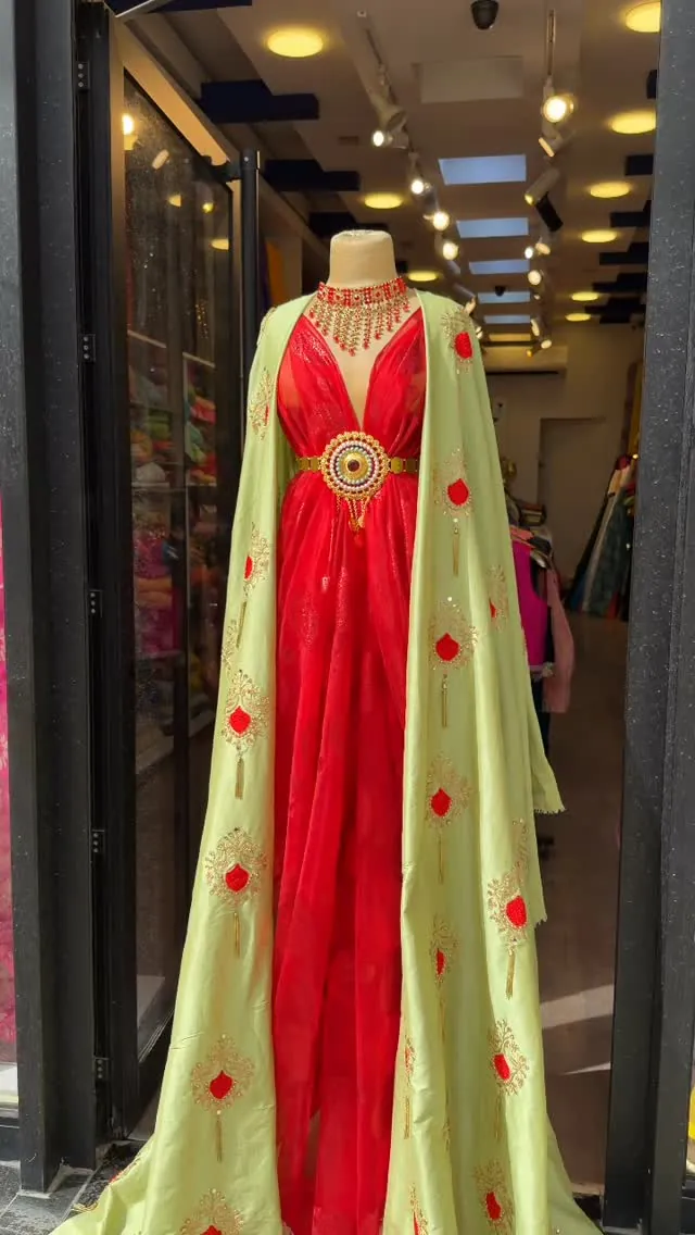 Red Evening Gown with Light Green Embroidered Cape
