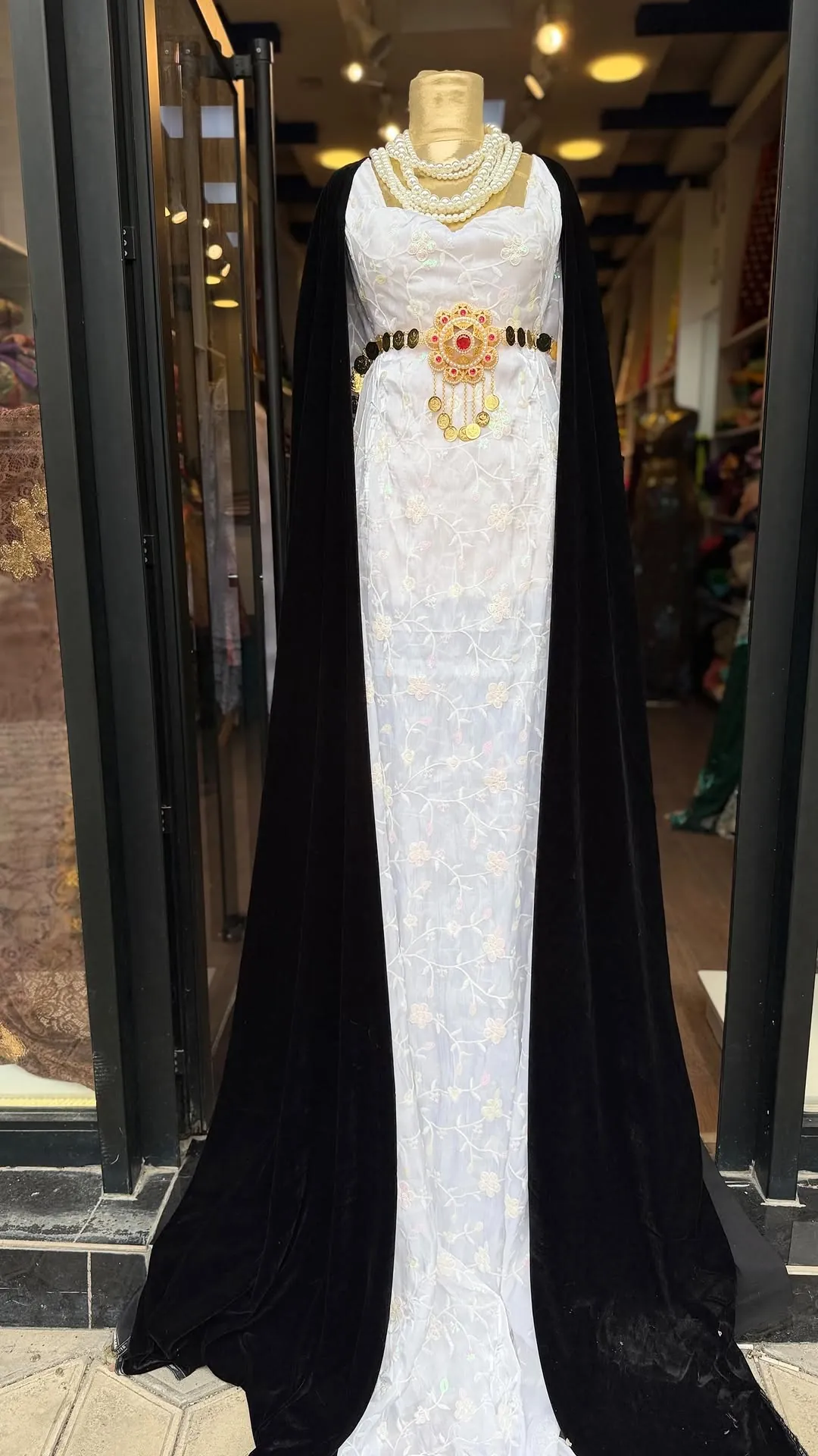 White Embroidered Dress with Black Velvet Cape