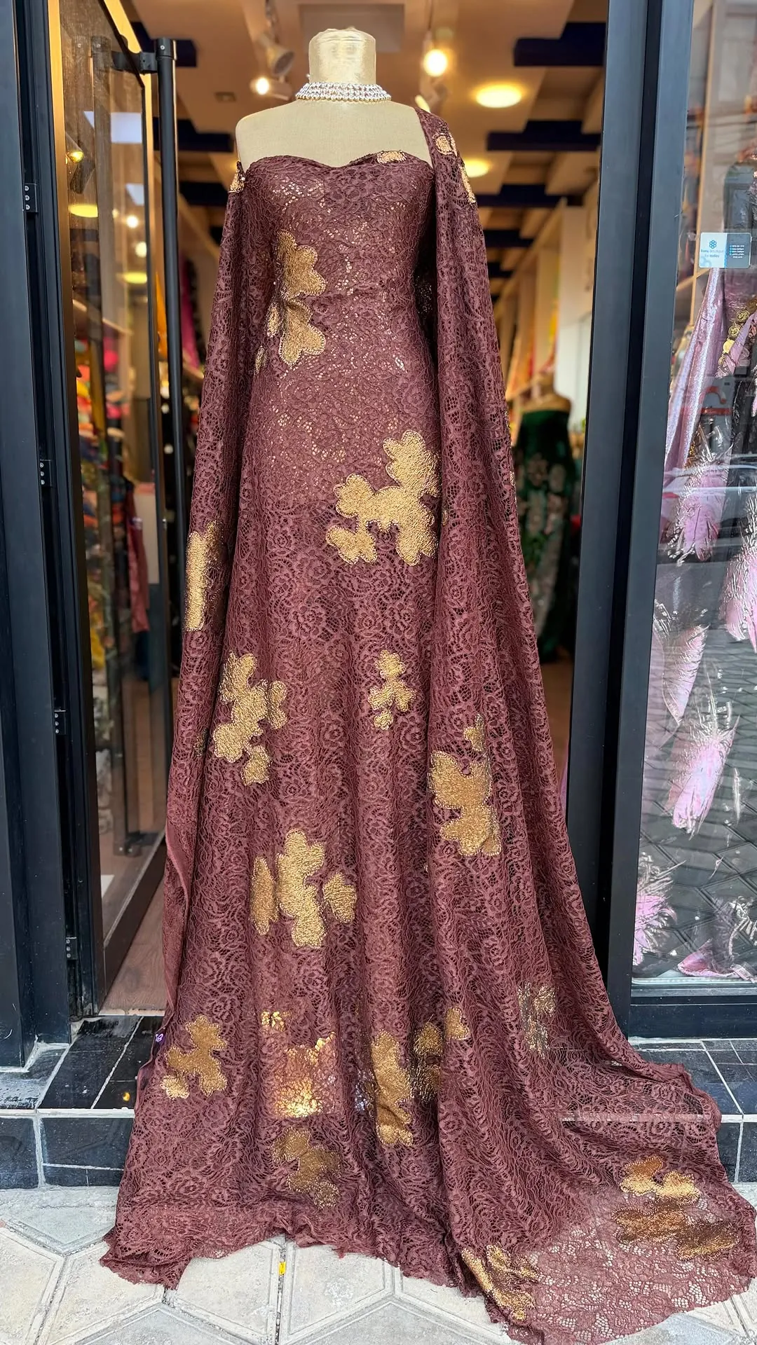 Maroon Lace Evening Gown with Cape