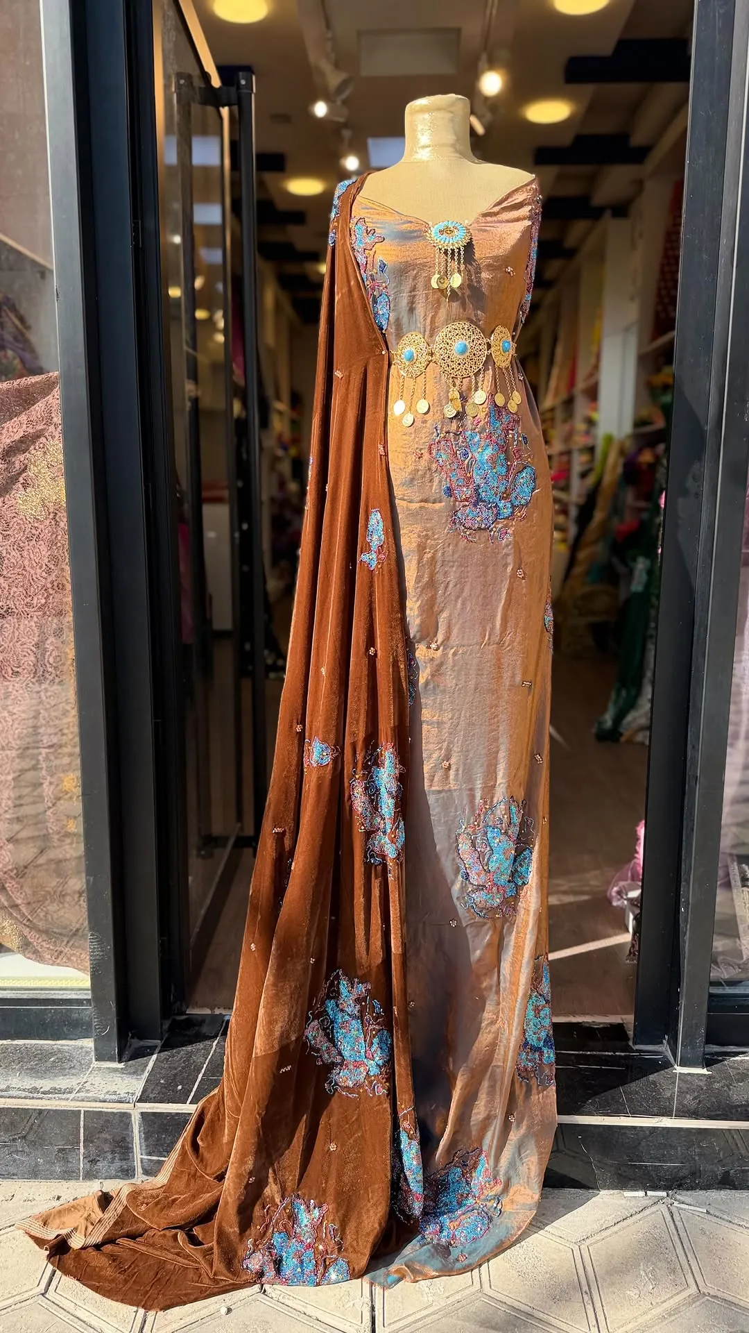 Embroidered Brown Gown with Cape