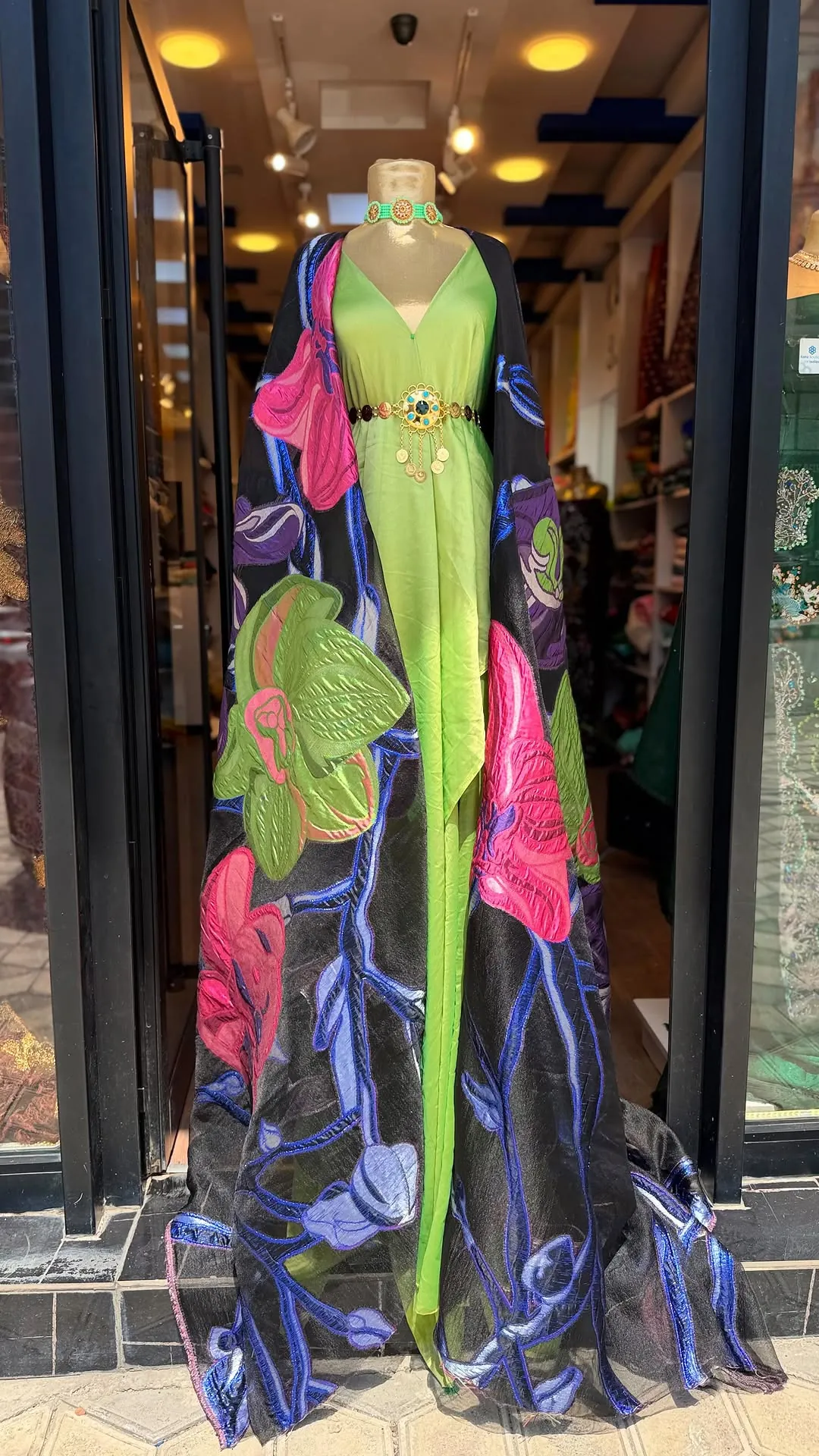 Green Dress with Black Floral Embroidered Abaya