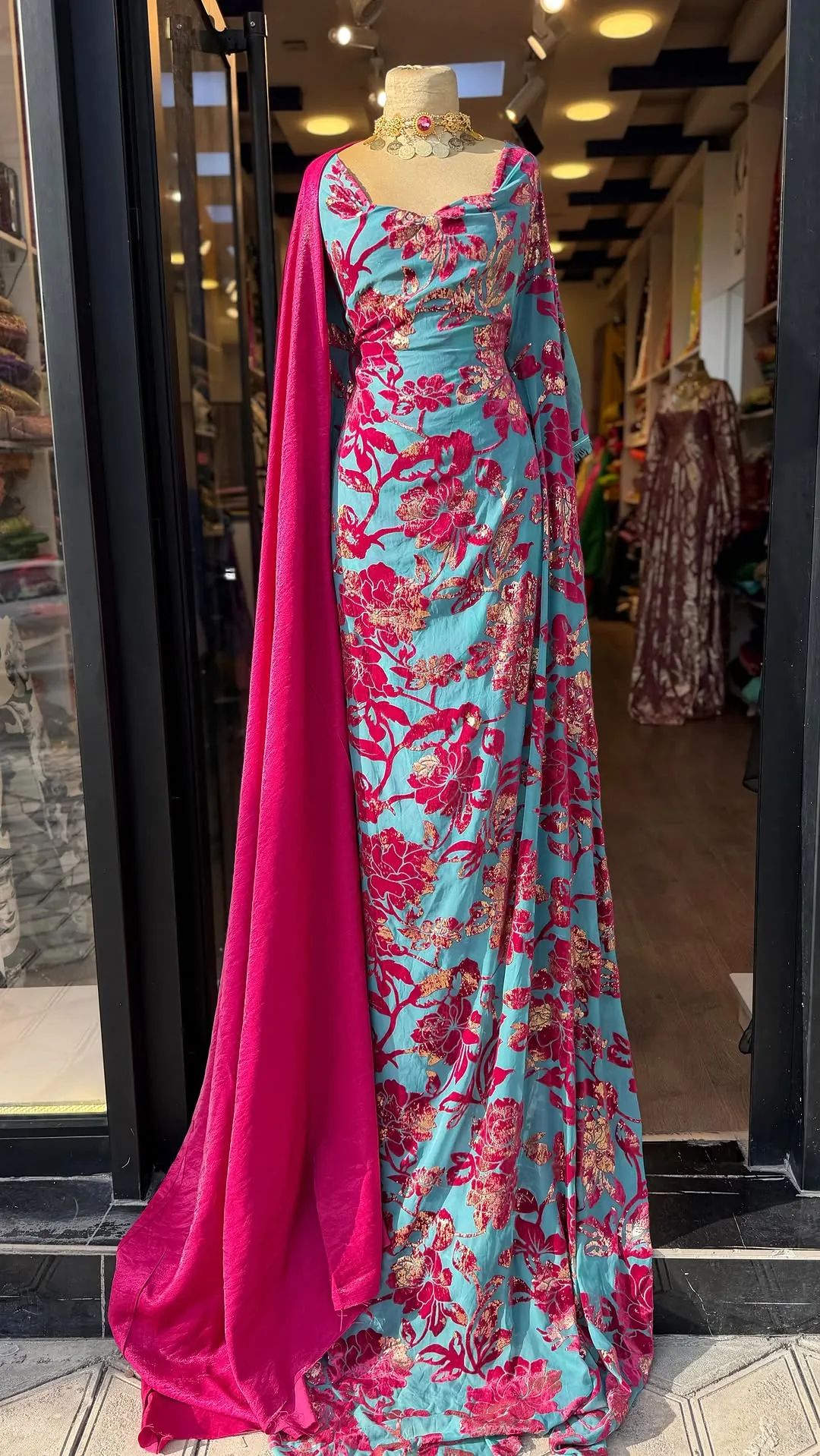 Turquoise and Pink Floral Evening Gown with Cape
