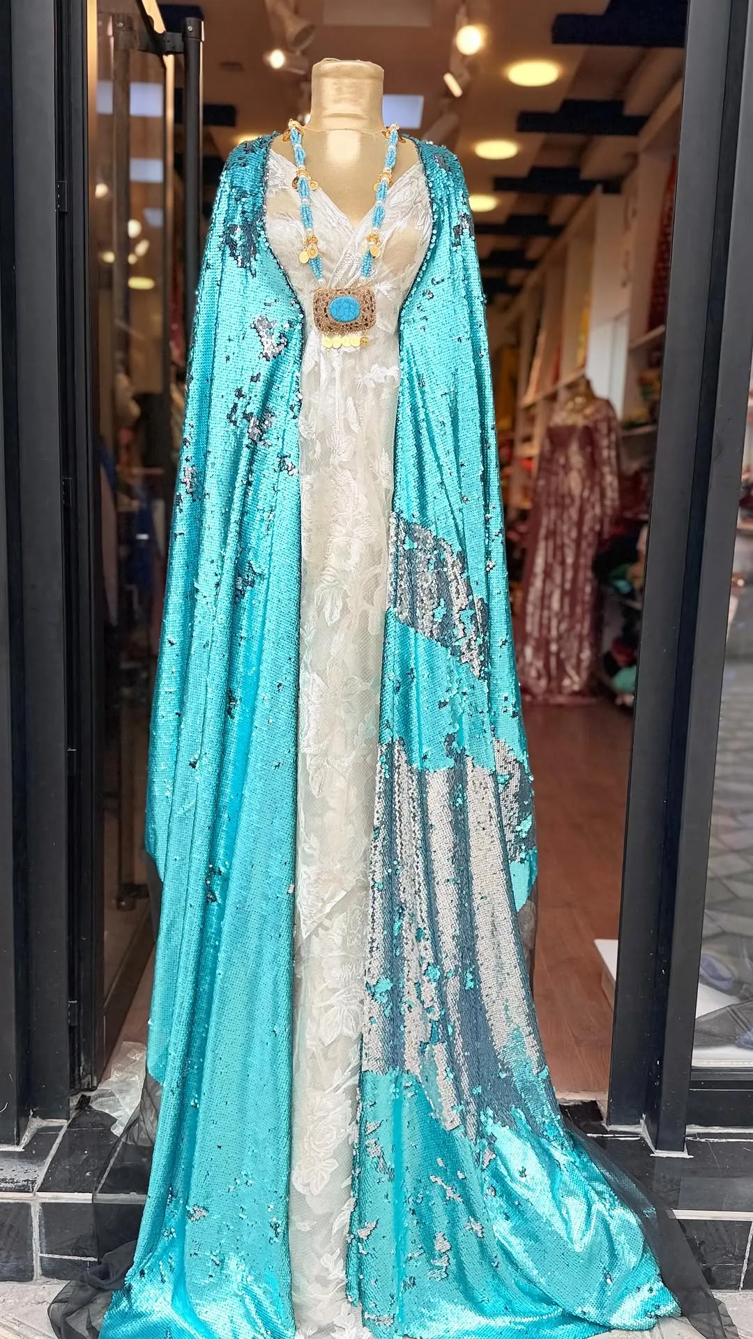White Lace Dress with Turquoise Sequined Cape