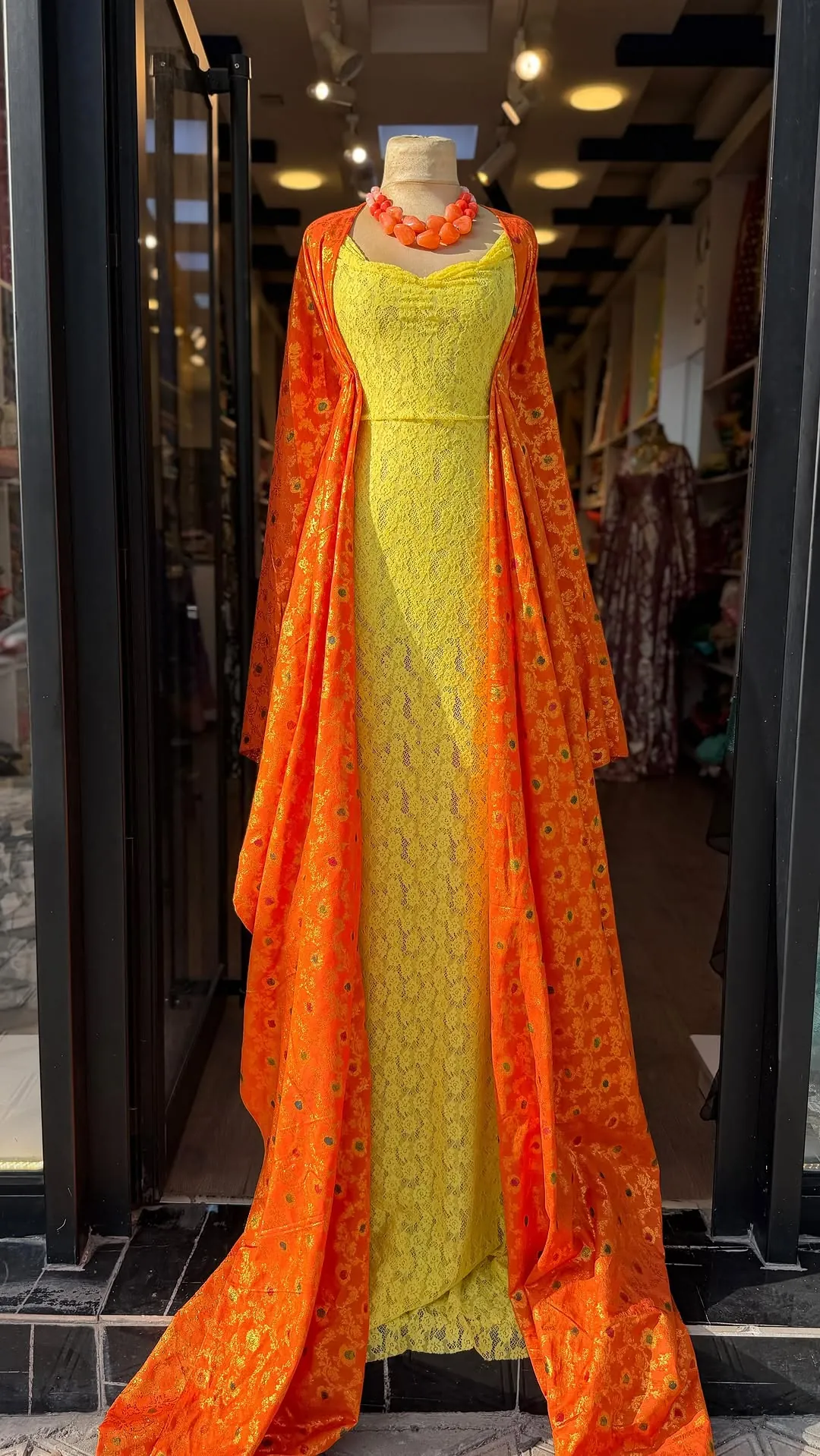 Yellow Lace Dress with Orange Patterned Robe