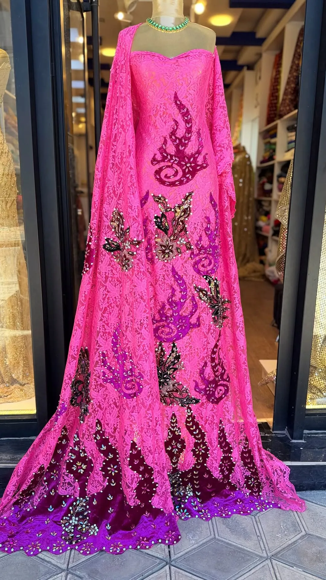 Pink and Purple Lace Embroidered Gown
