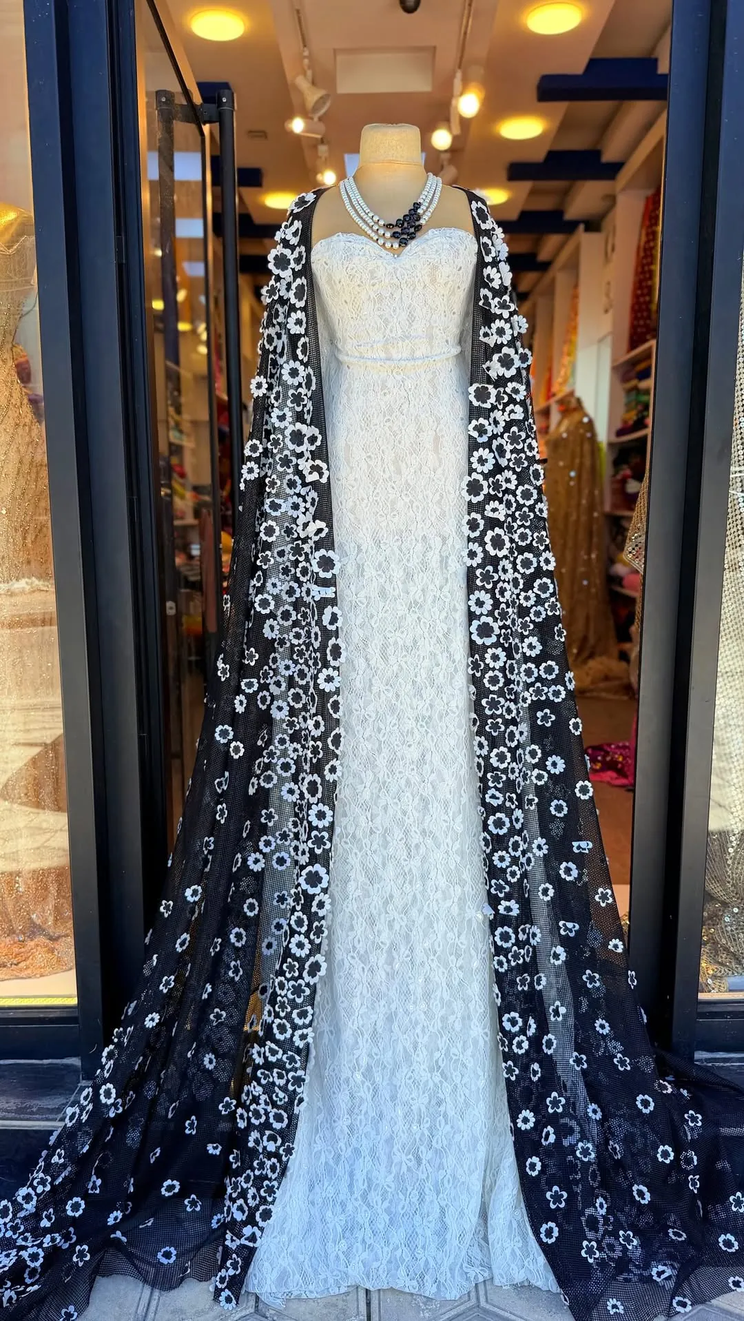 White Lace Dress with Black Floral Cape