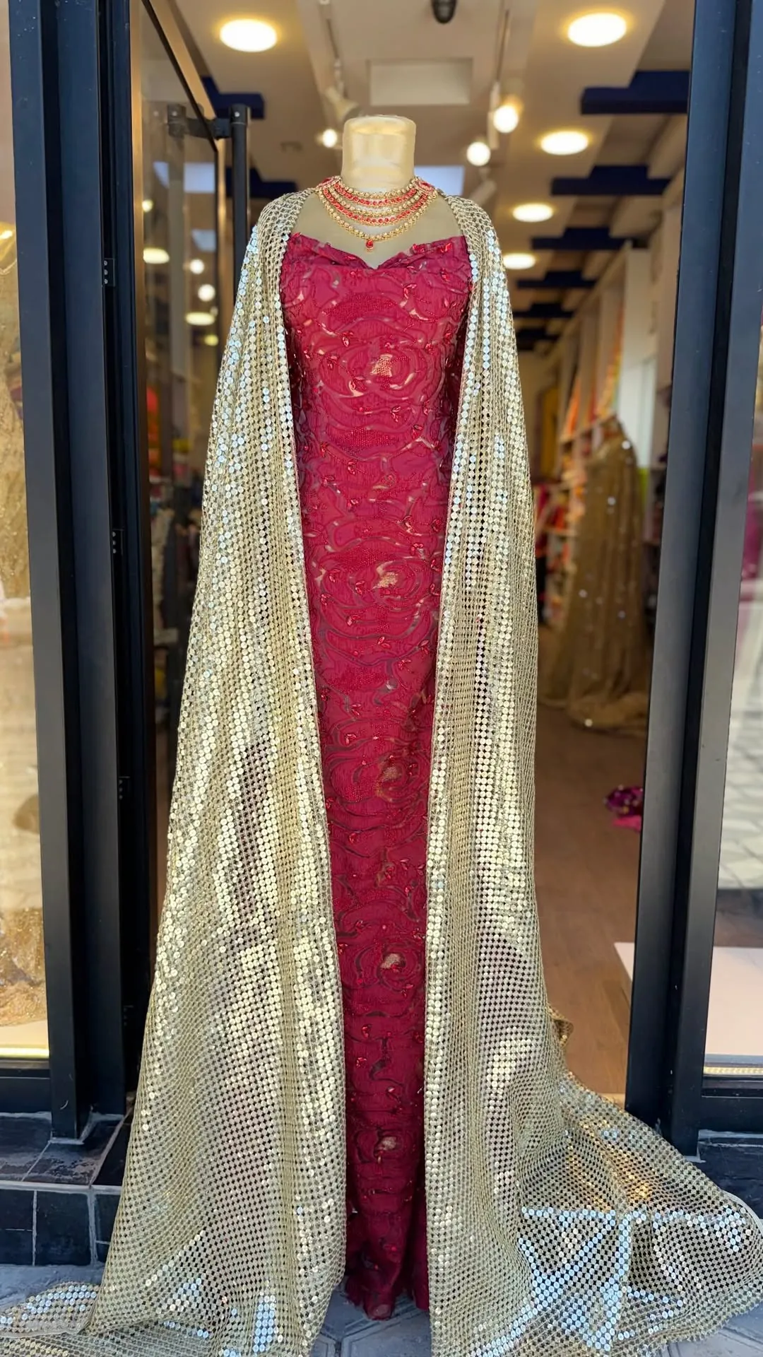 Red Embroidered Evening Gown with Gold Sequin Cape