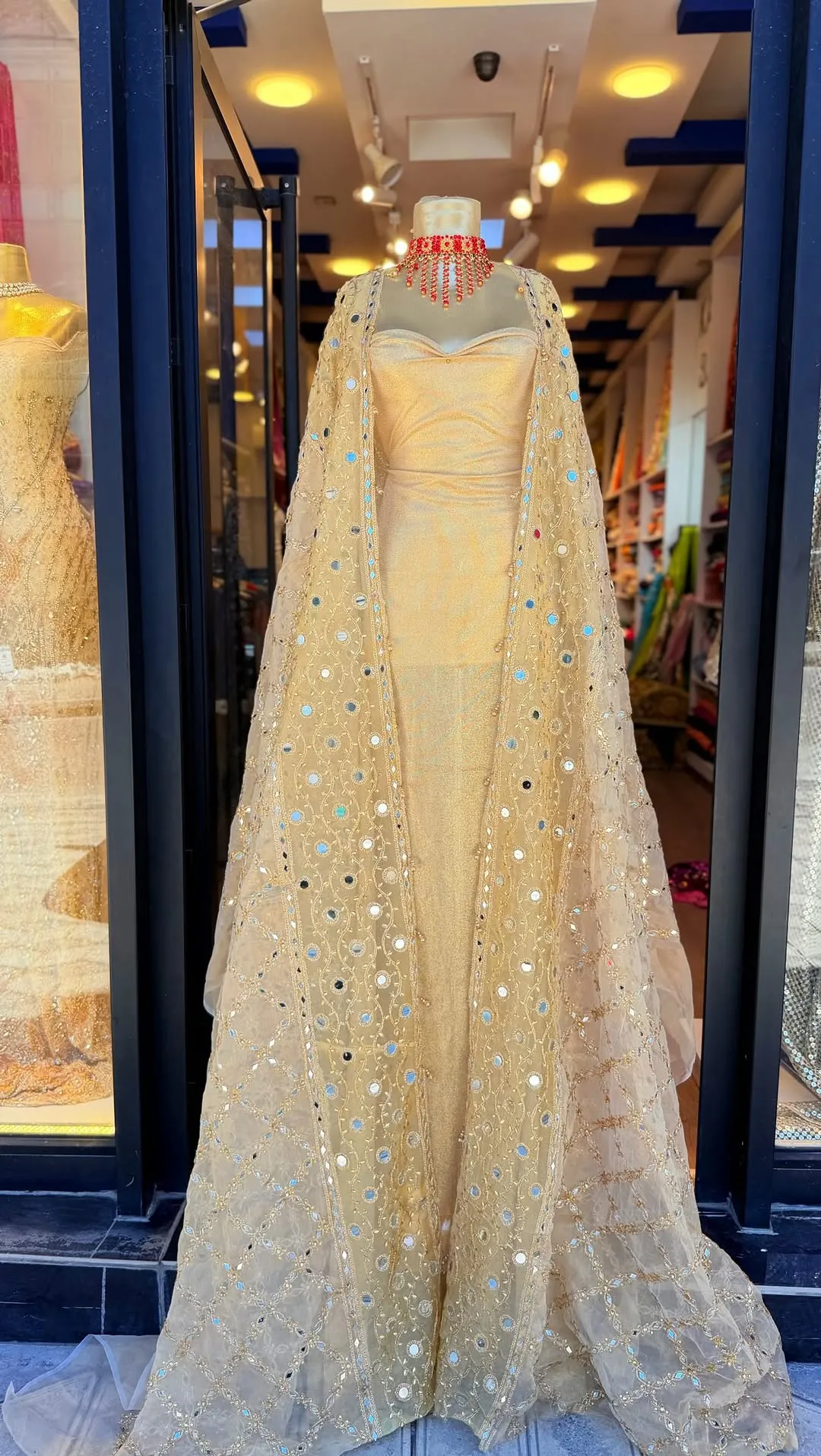 Gold Embellished Formal Gown with Mirror Work Cape