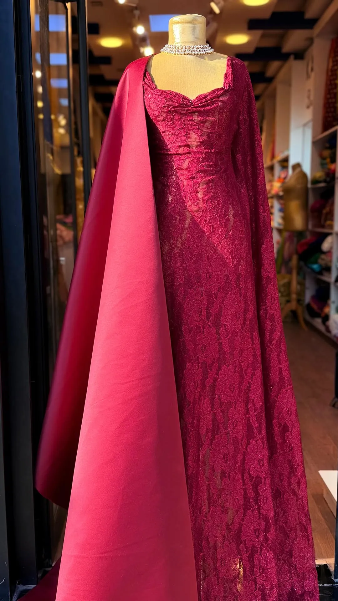 Long Lace Evening Dress with Cape
