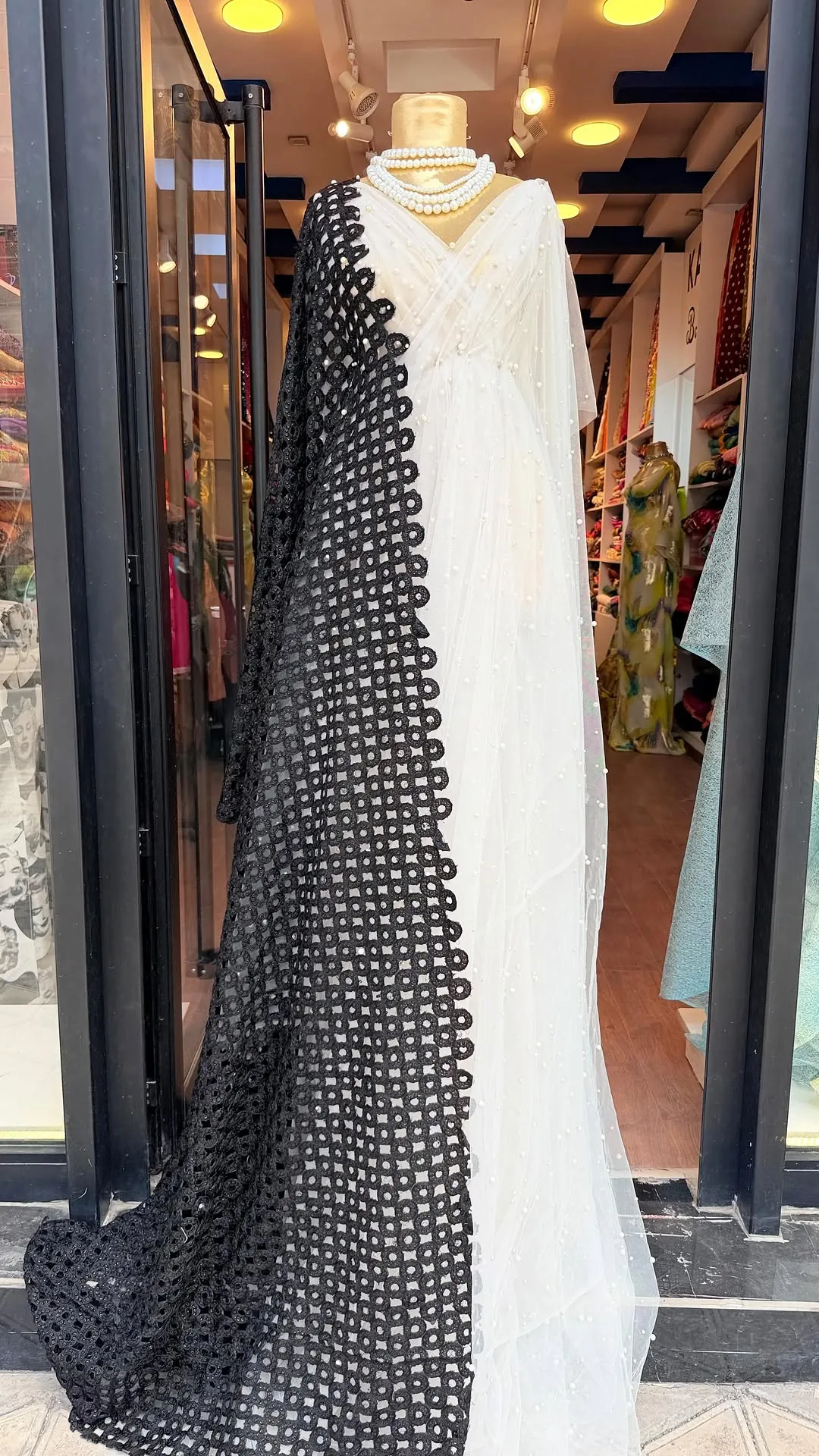 White Dress with Black Crochet Overlay
