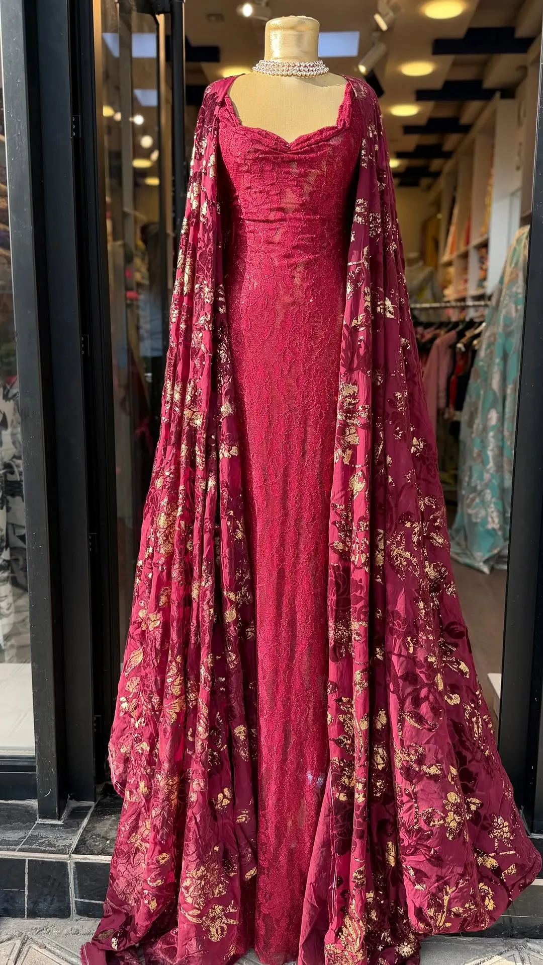 Burgundy Floral Evening Gown with Cape