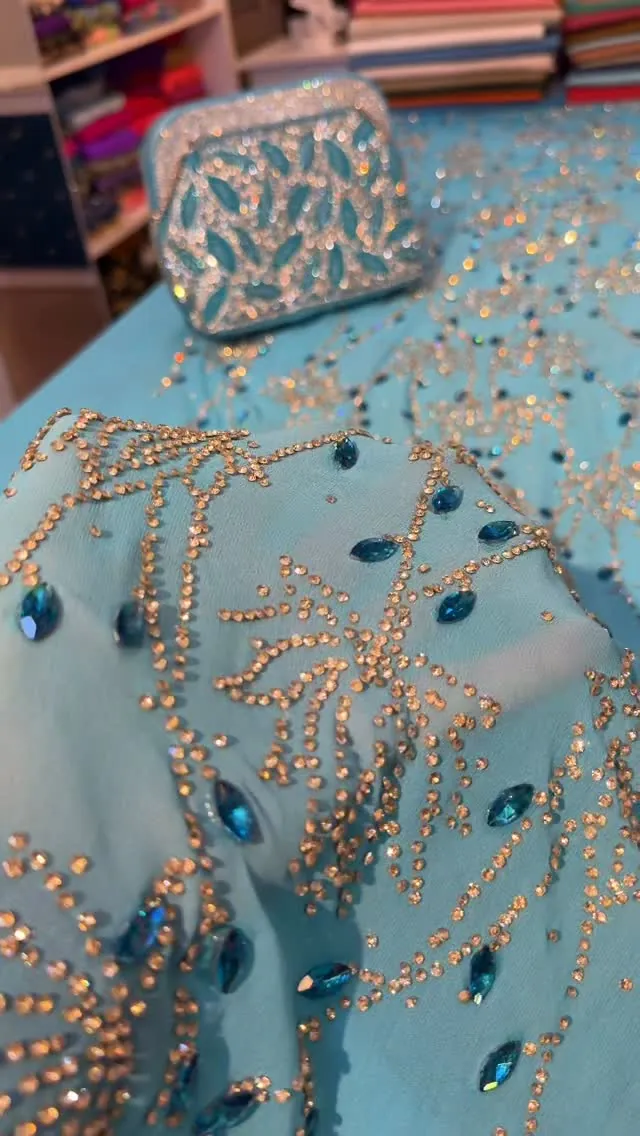 Light Blue Embellished Evening Dress with Matching Clutch