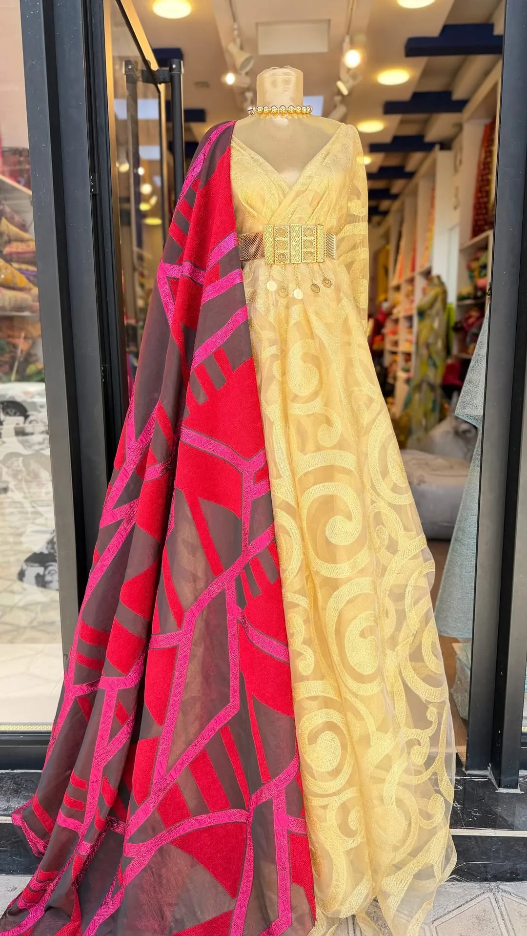 Yellow Patterned Long Dress with Shawl