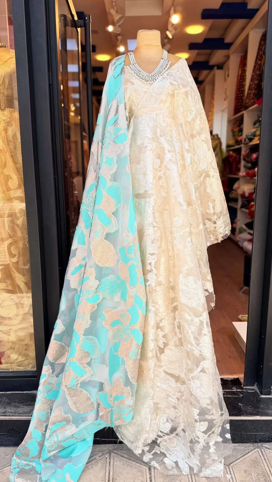 White Lace Gown with Turquoise Floral Shawl