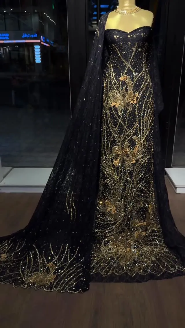VIP Black and Gold Embellished Evening Gown with Cape