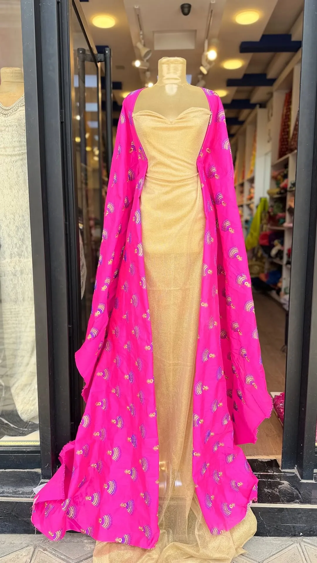 Gold Dress with Pink Patterned Cape