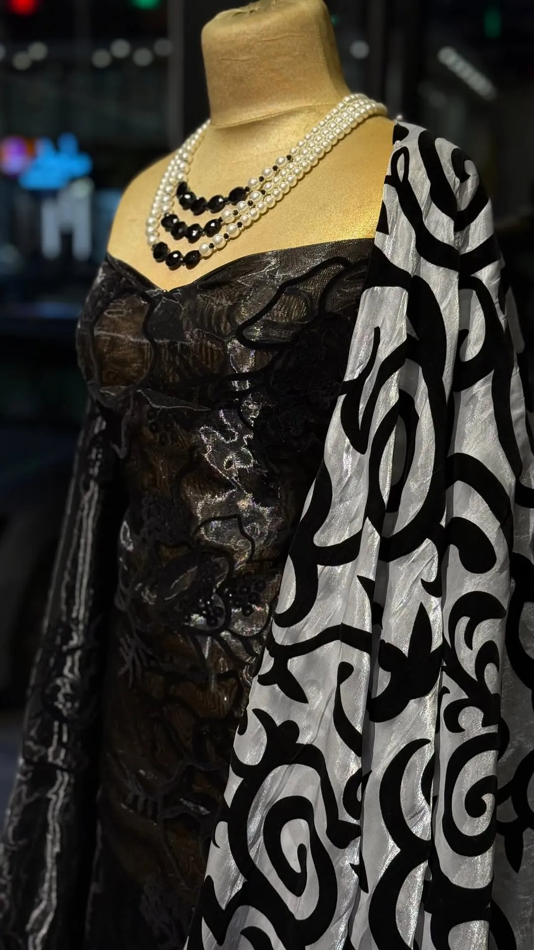 Black Embroidered Dress with Silver Patterned Shawl