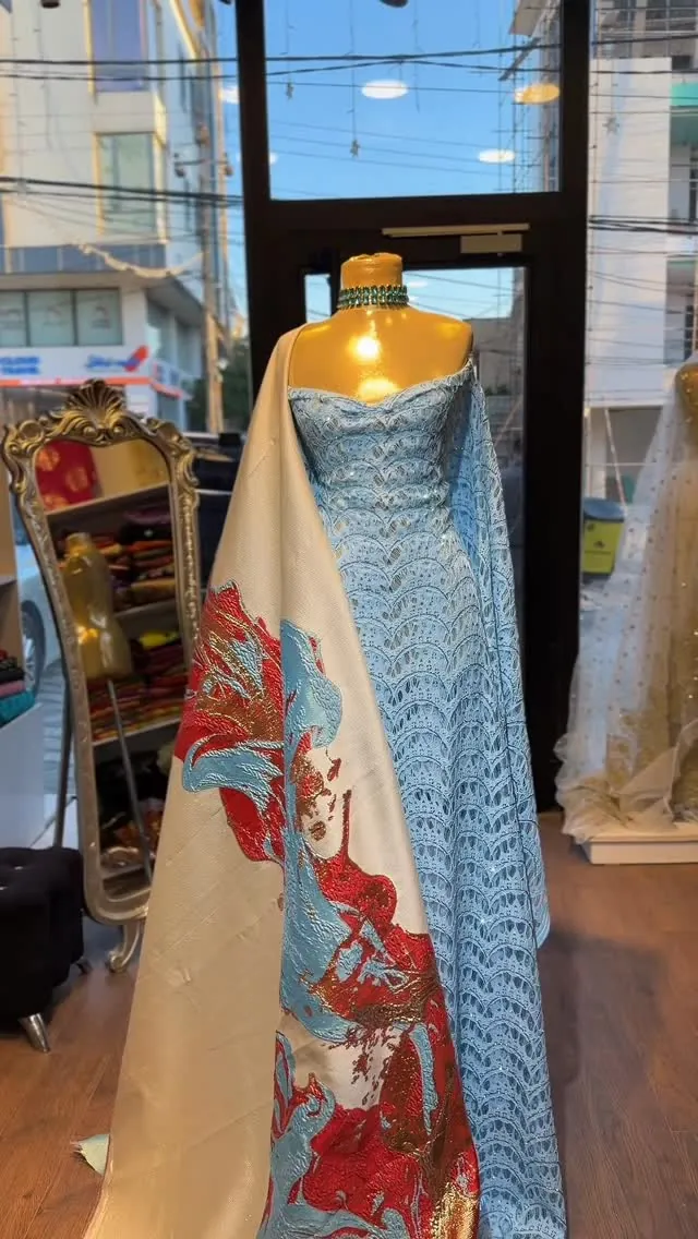 Light Blue Lace Evening Gown with Decorative Shawl