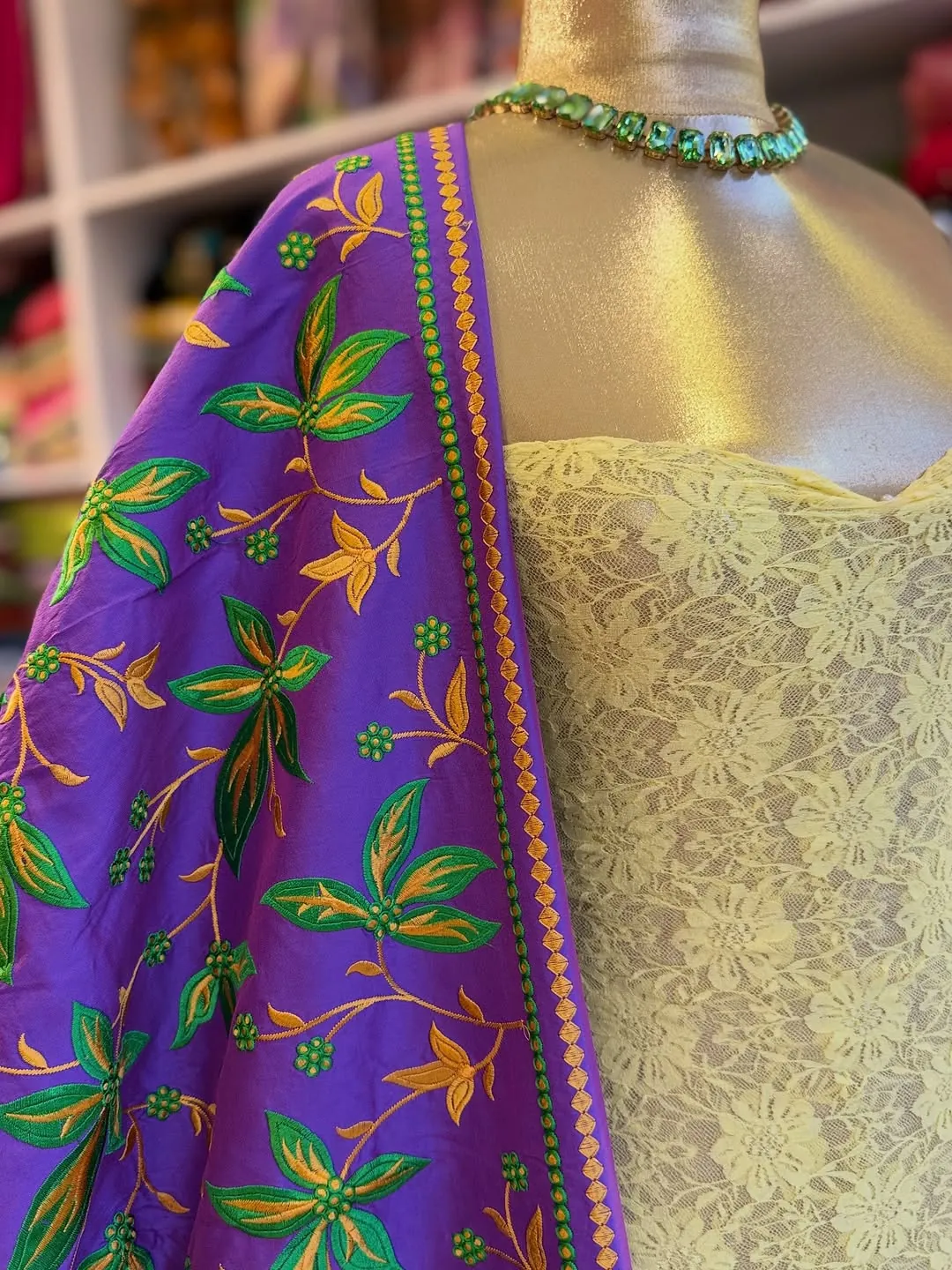 Embroidered Floral Purple Shawl with Lace Dress