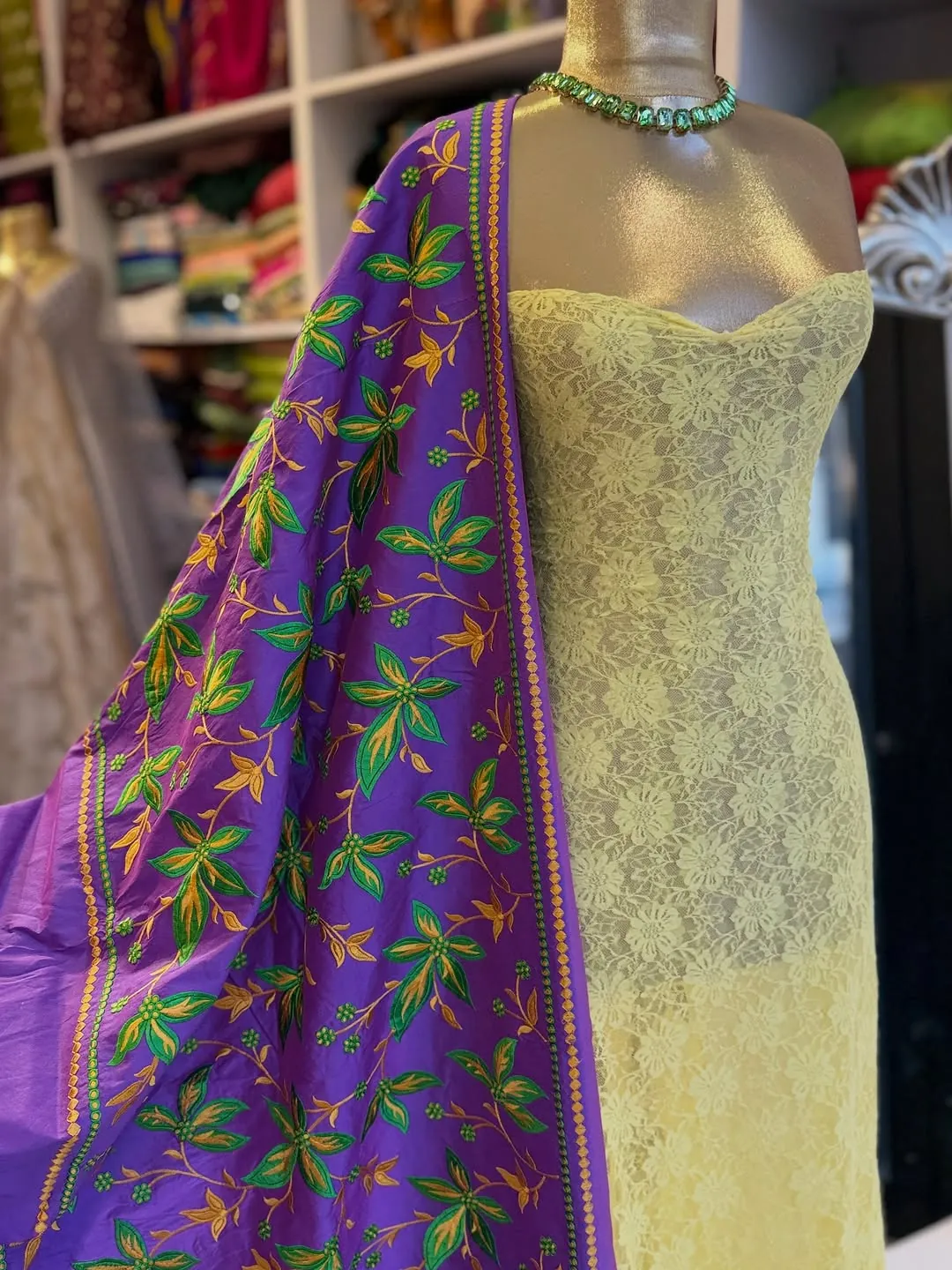 Embroidered Floral Purple Shawl with Lace Dress