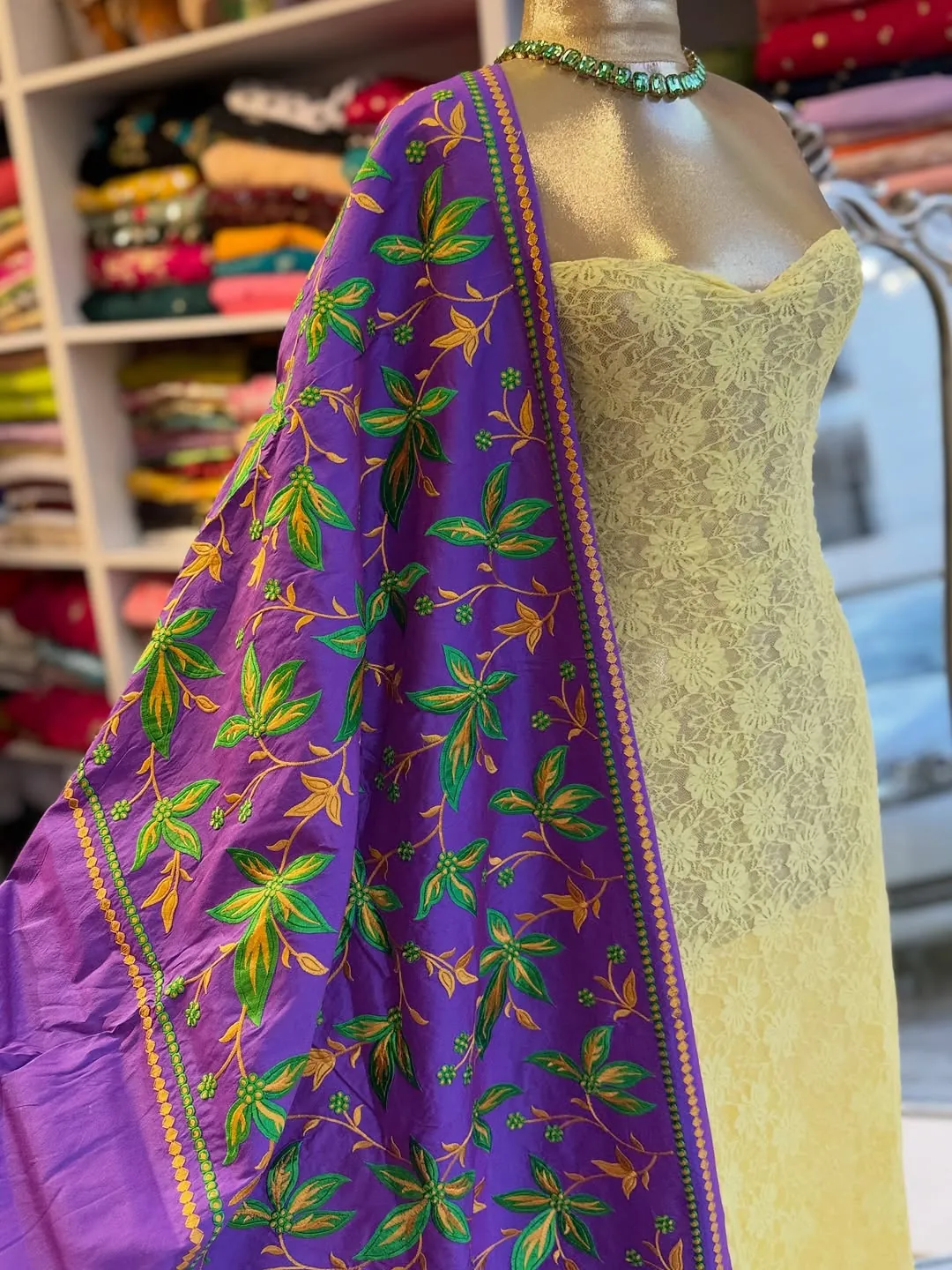 Embroidered Floral Purple Shawl with Lace Dress