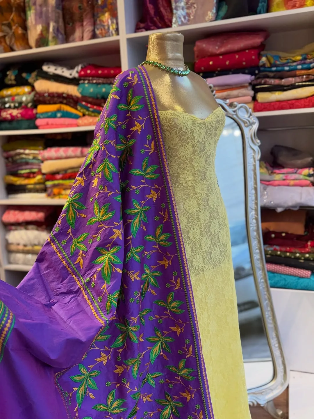 Embroidered Floral Purple Shawl with Lace Dress