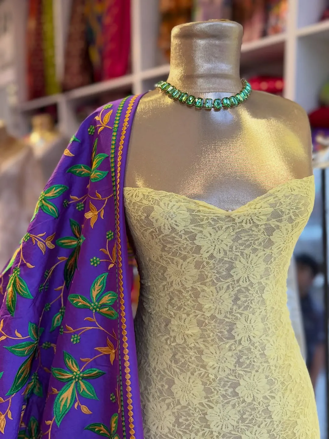 Embroidered Floral Purple Shawl with Lace Dress