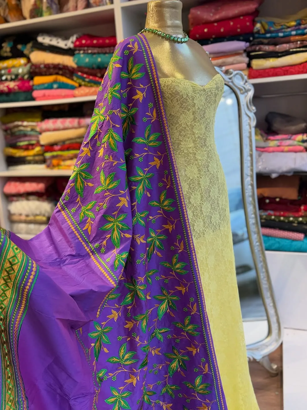 Embroidered Floral Purple Shawl with Lace Dress