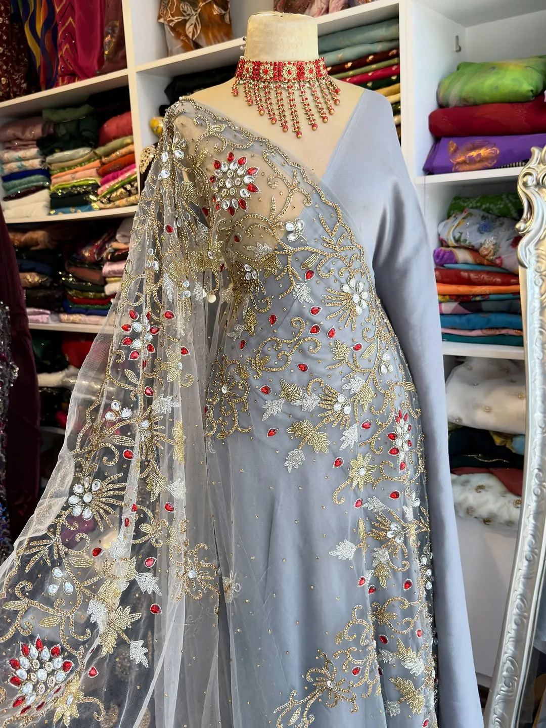 Grey Embroidered Evening Gown with Matching Necklace