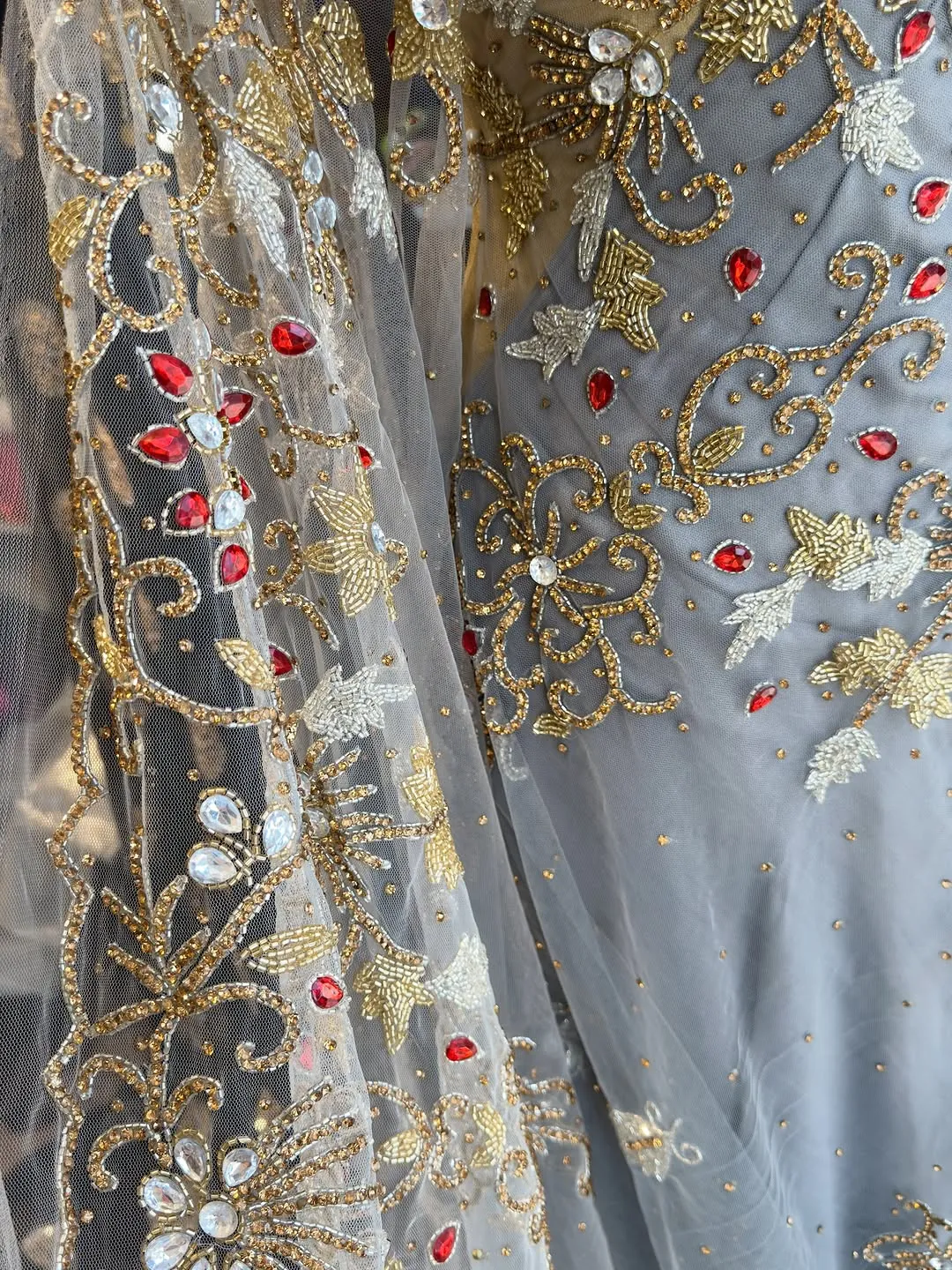 Grey Embroidered Evening Gown with Matching Necklace