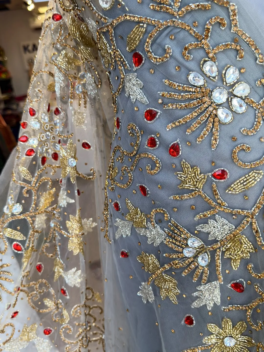 Grey Embroidered Evening Gown with Matching Necklace