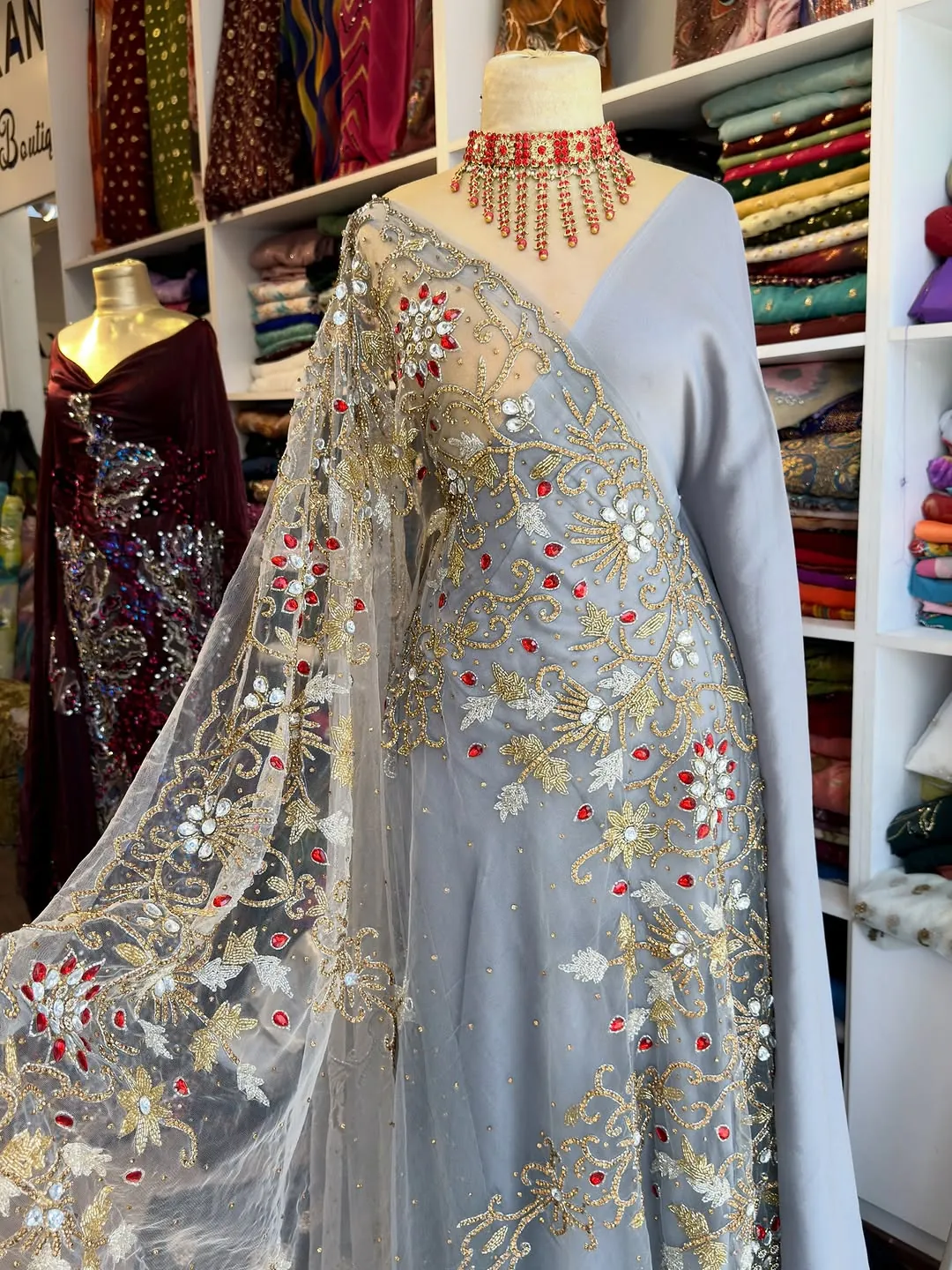 Grey Embroidered Evening Gown with Matching Necklace