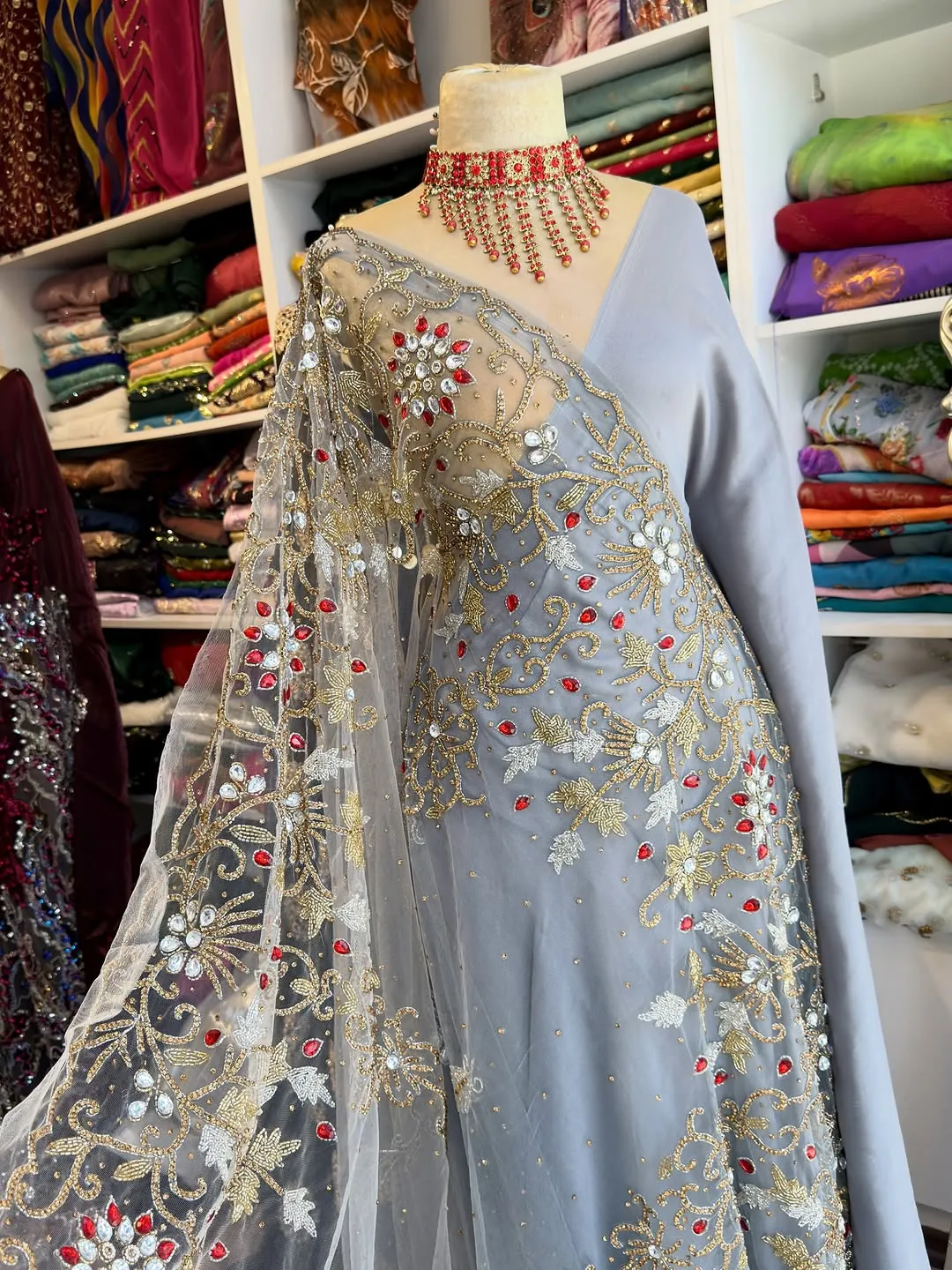 Grey Embroidered Evening Gown with Matching Necklace