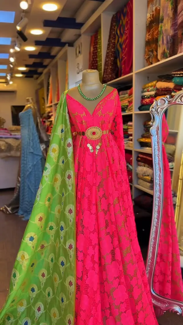 Pink Lace Formal Dress with Green Embroidered Shawl