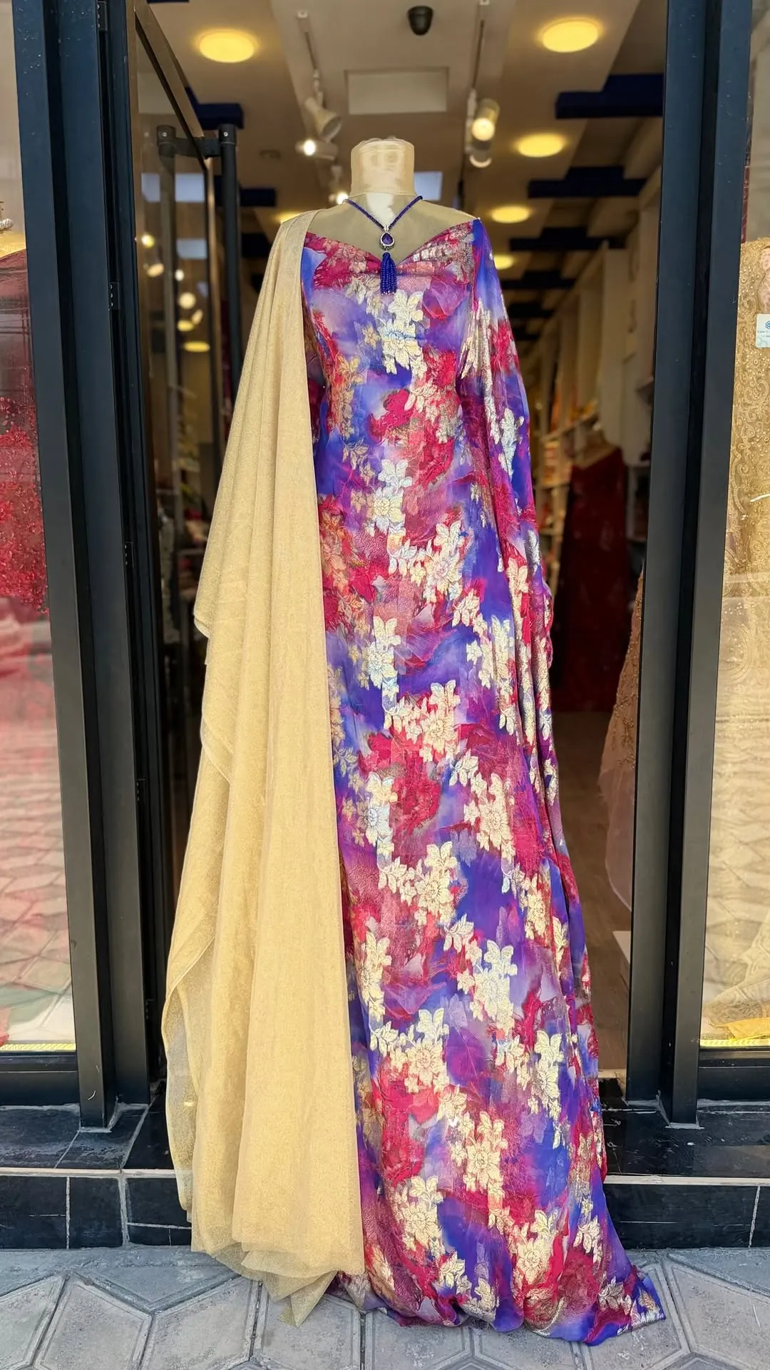 Floral Evening Gown with Shawl