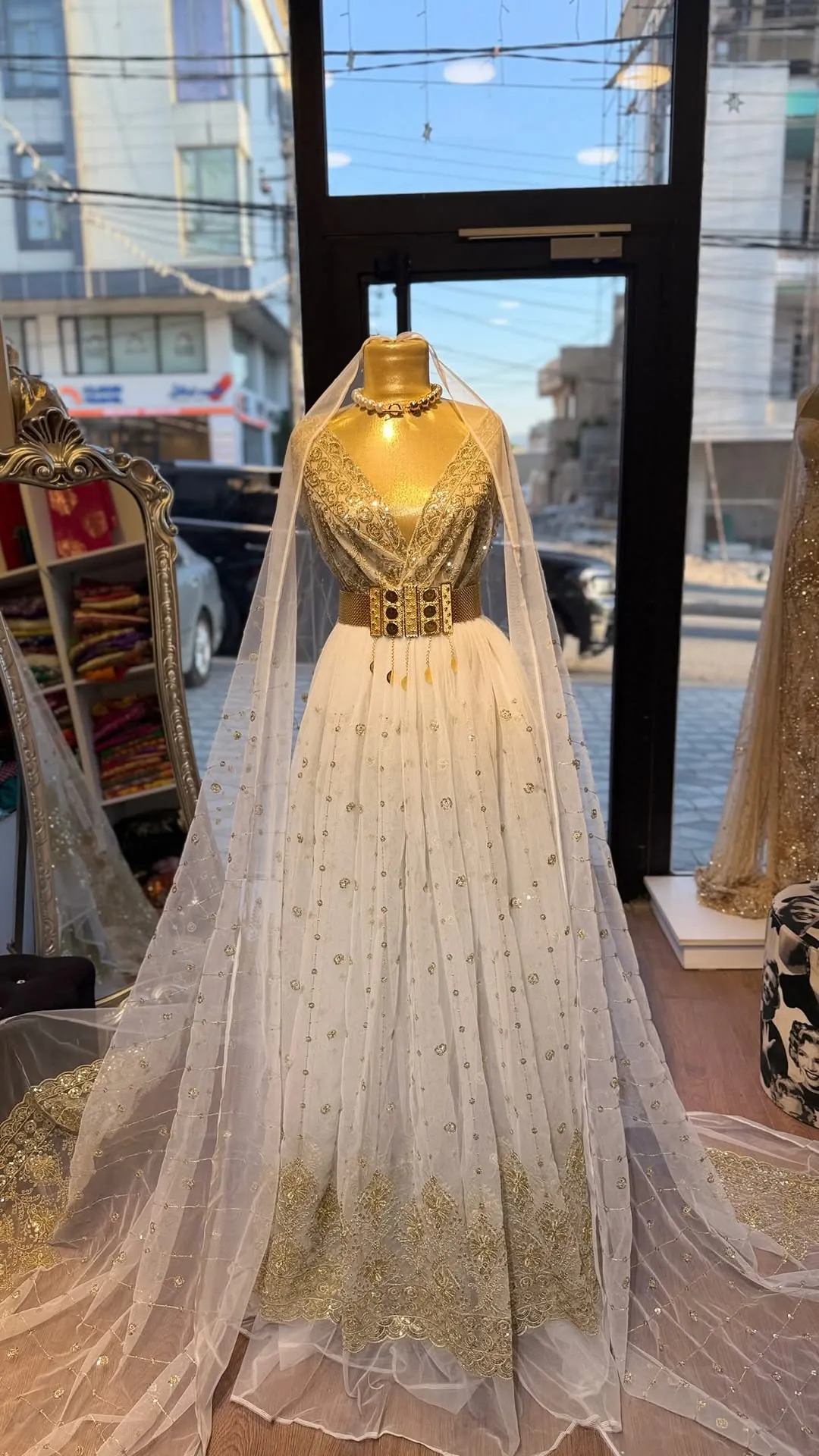 White and Gold Embroidered Bridal Gown with Veil